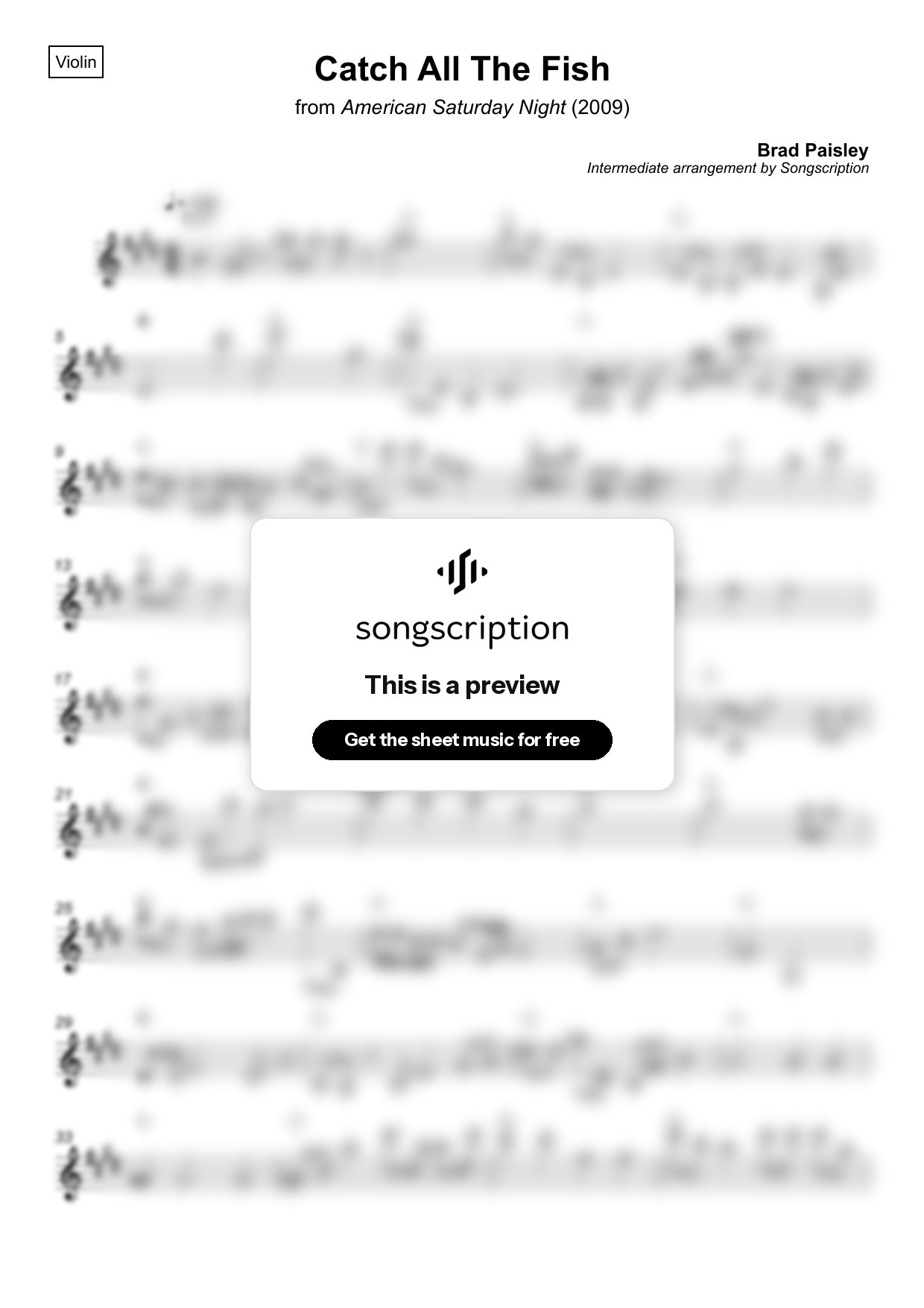 Intermediate Violin Sheet Music for "Catch All The Fish" by Brad Paisley