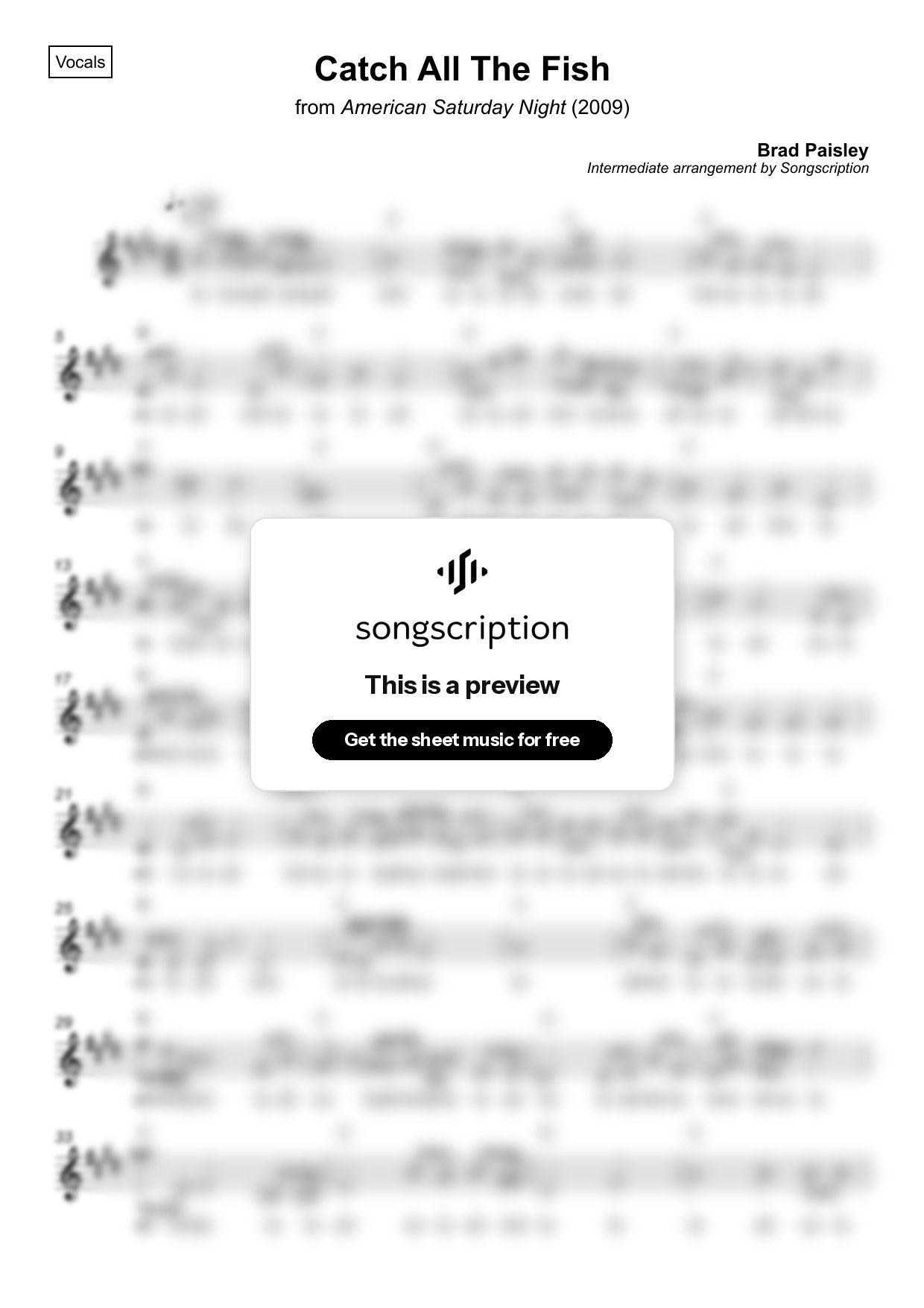 Intermediate Vocals Sheet Music for "Catch All The Fish" by Brad Paisley