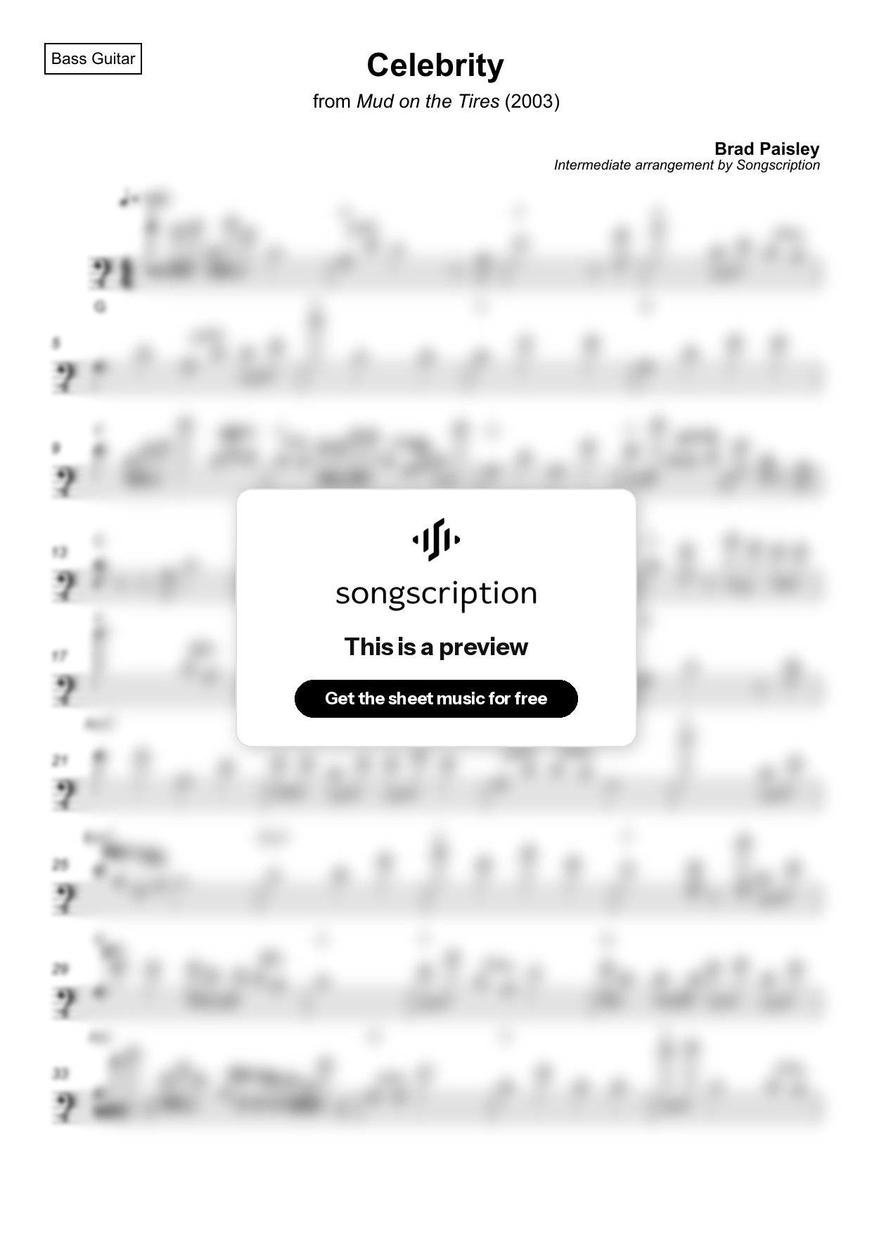 Intermediate Bass Guitar Sheet Music for "Celebrity" by Brad Paisley
