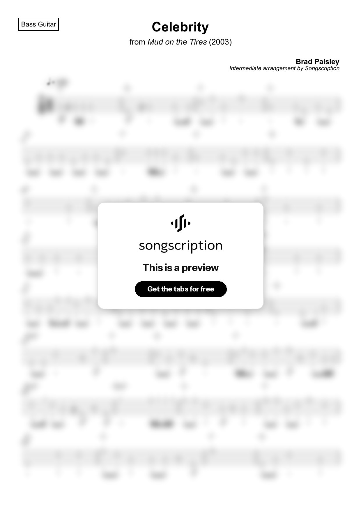 Intermediate Bass Guitar Tabs for "Celebrity" by Brad Paisley