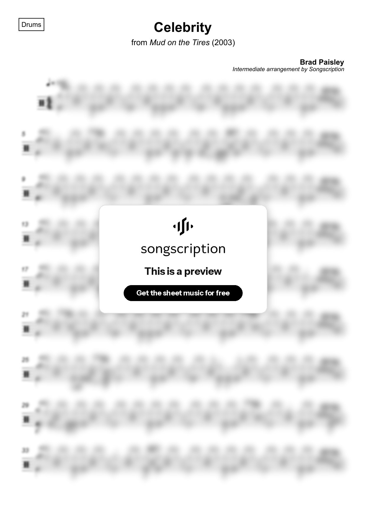 Intermediate Drums Sheet Music for "Celebrity" by Brad Paisley