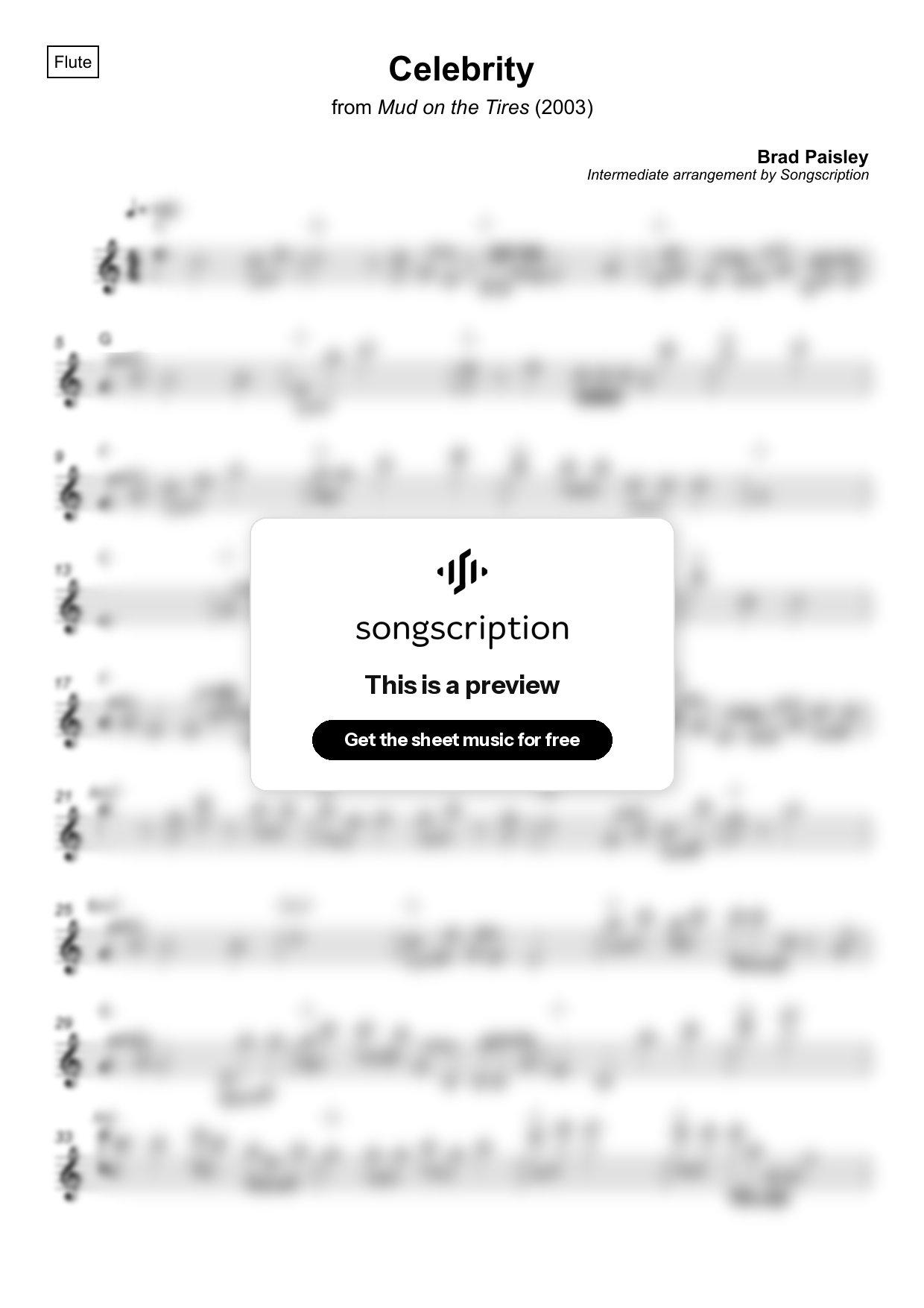 Intermediate Flute Sheet Music for "Celebrity" by Brad Paisley
