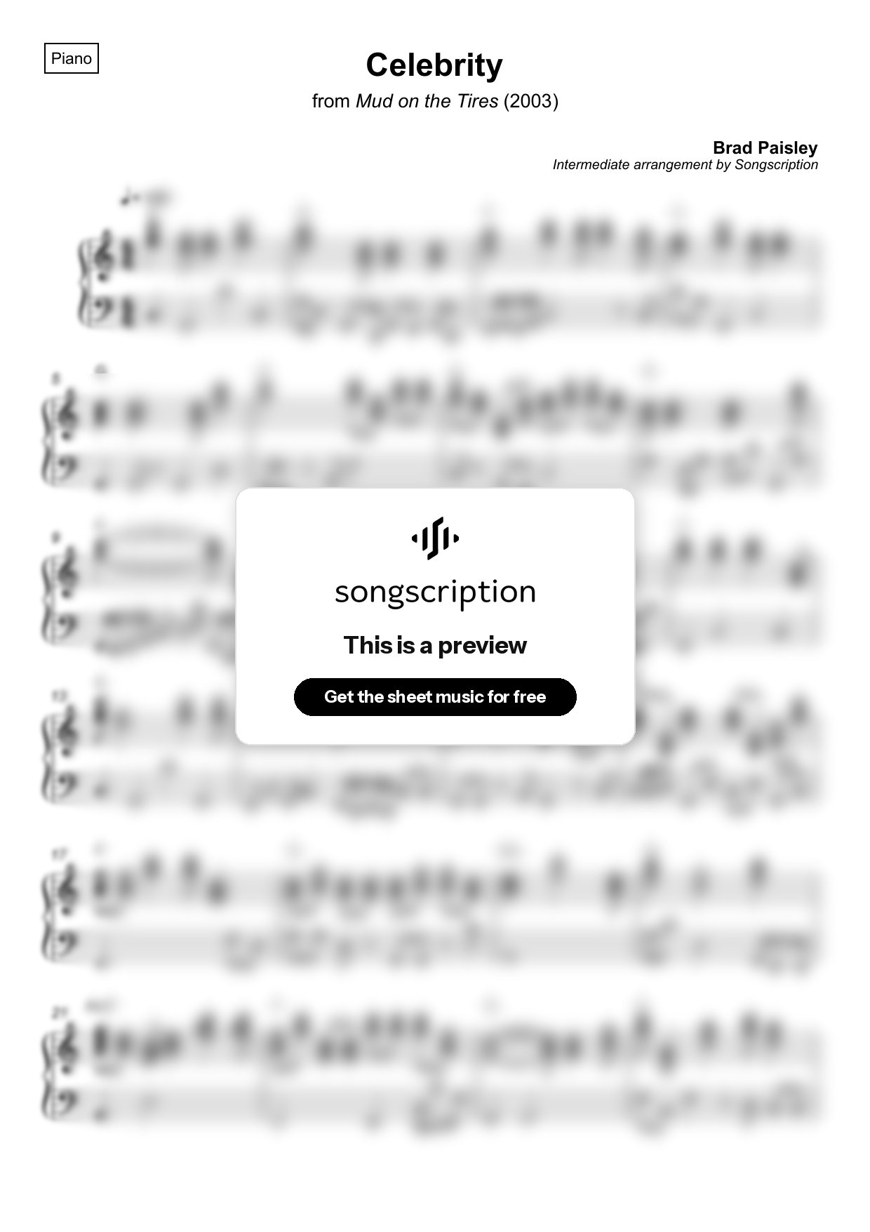 Intermediate Piano Sheet Music for "Celebrity" by Brad Paisley