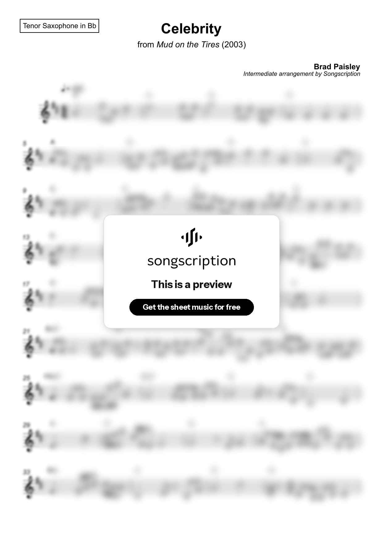 Intermediate Tenor Sax Sheet Music for "Celebrity" by Brad Paisley