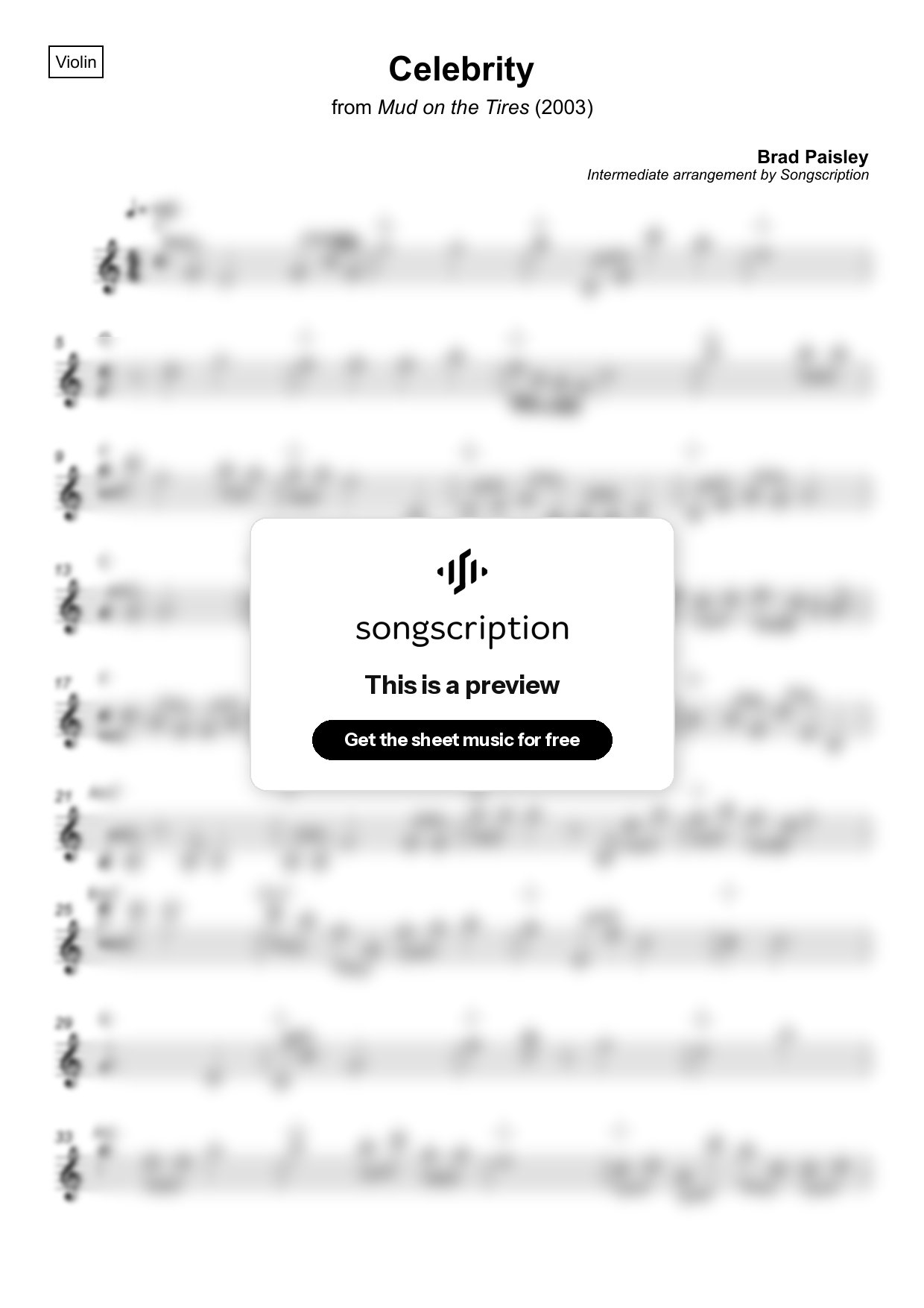Intermediate Violin Sheet Music for "Celebrity" by Brad Paisley