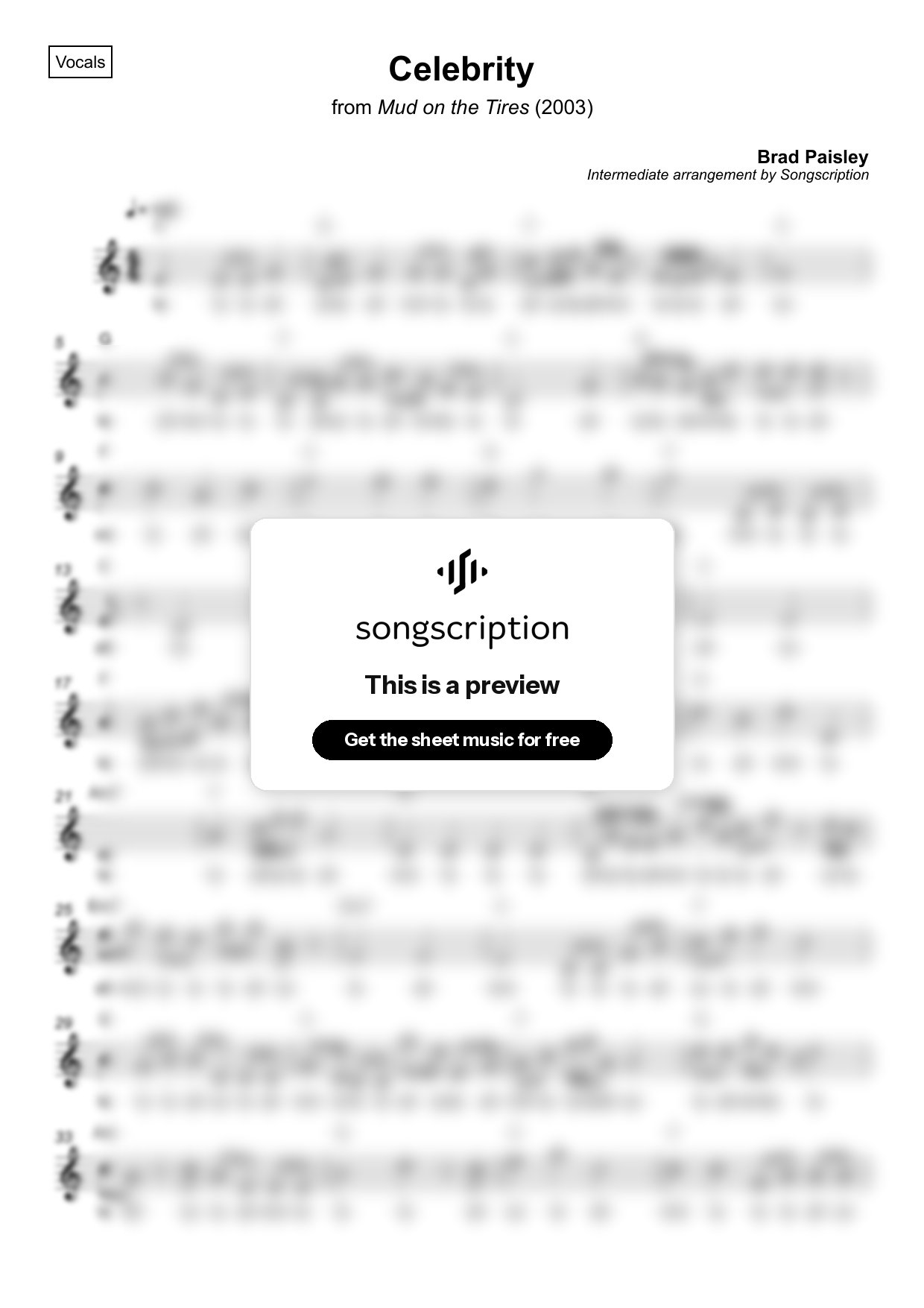 Intermediate Vocals Sheet Music for "Celebrity" by Brad Paisley