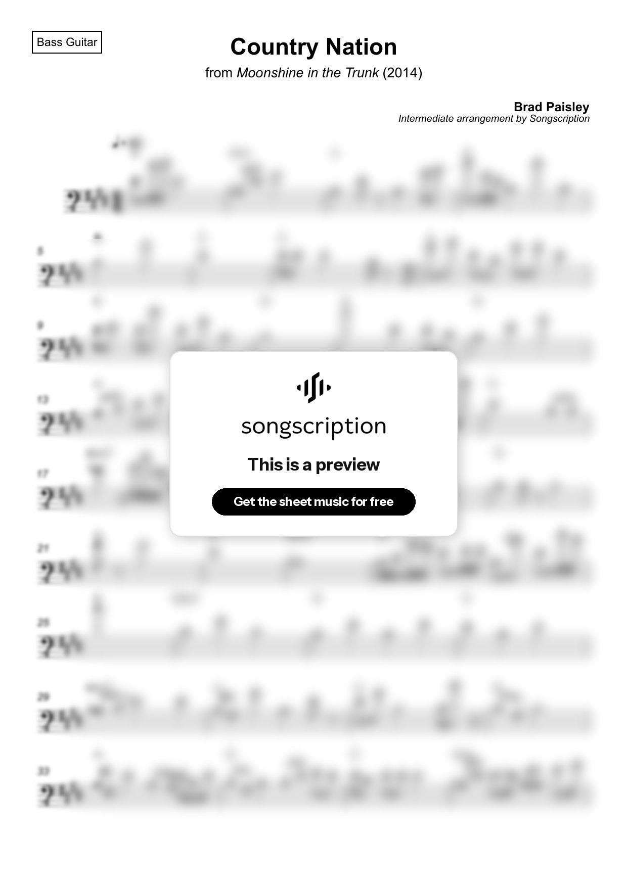 Intermediate Bass Guitar Sheet Music for "Country Nation" by Brad Paisley