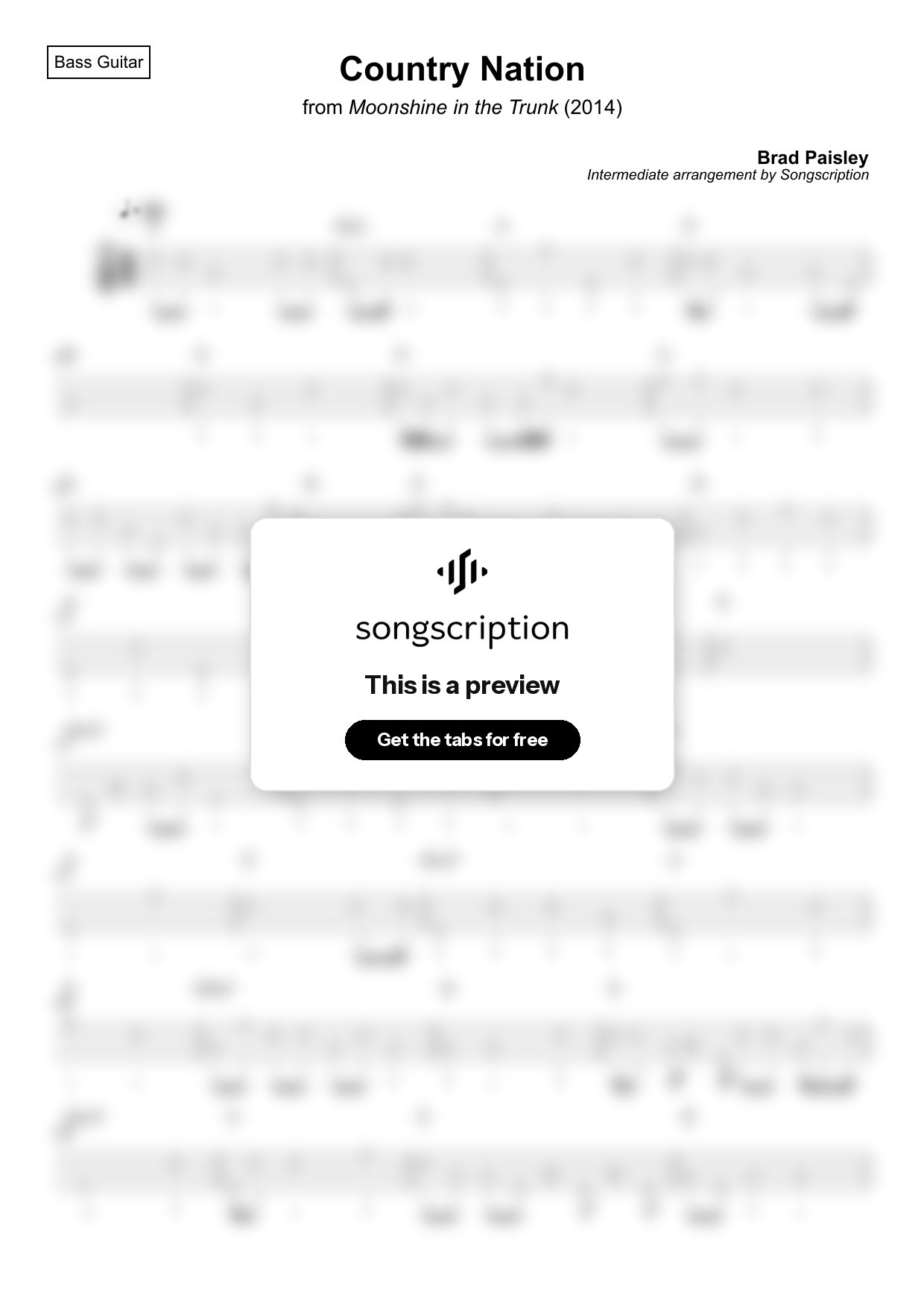 Intermediate Bass Guitar Tabs for "Country Nation" by Brad Paisley