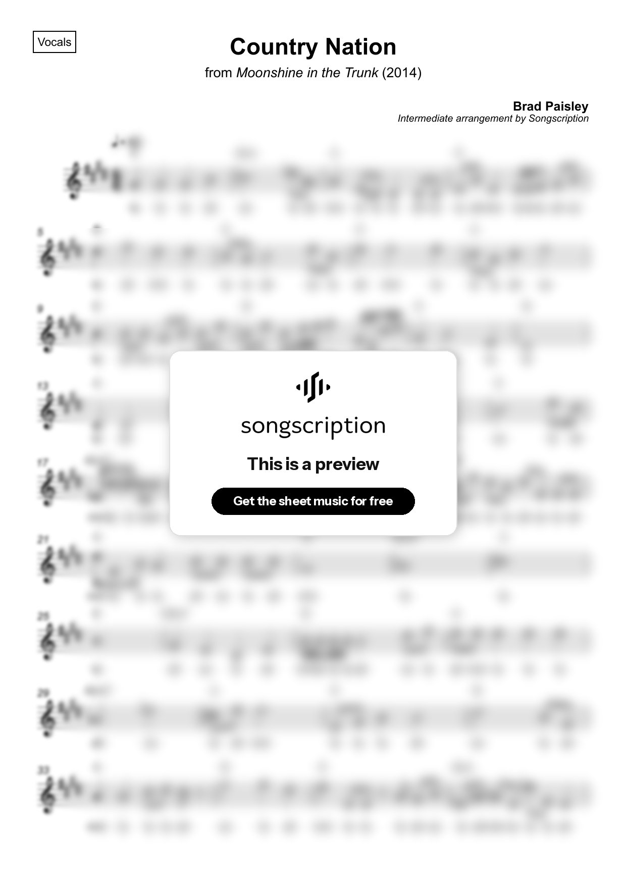 Intermediate Vocals Sheet Music for "Country Nation" by Brad Paisley