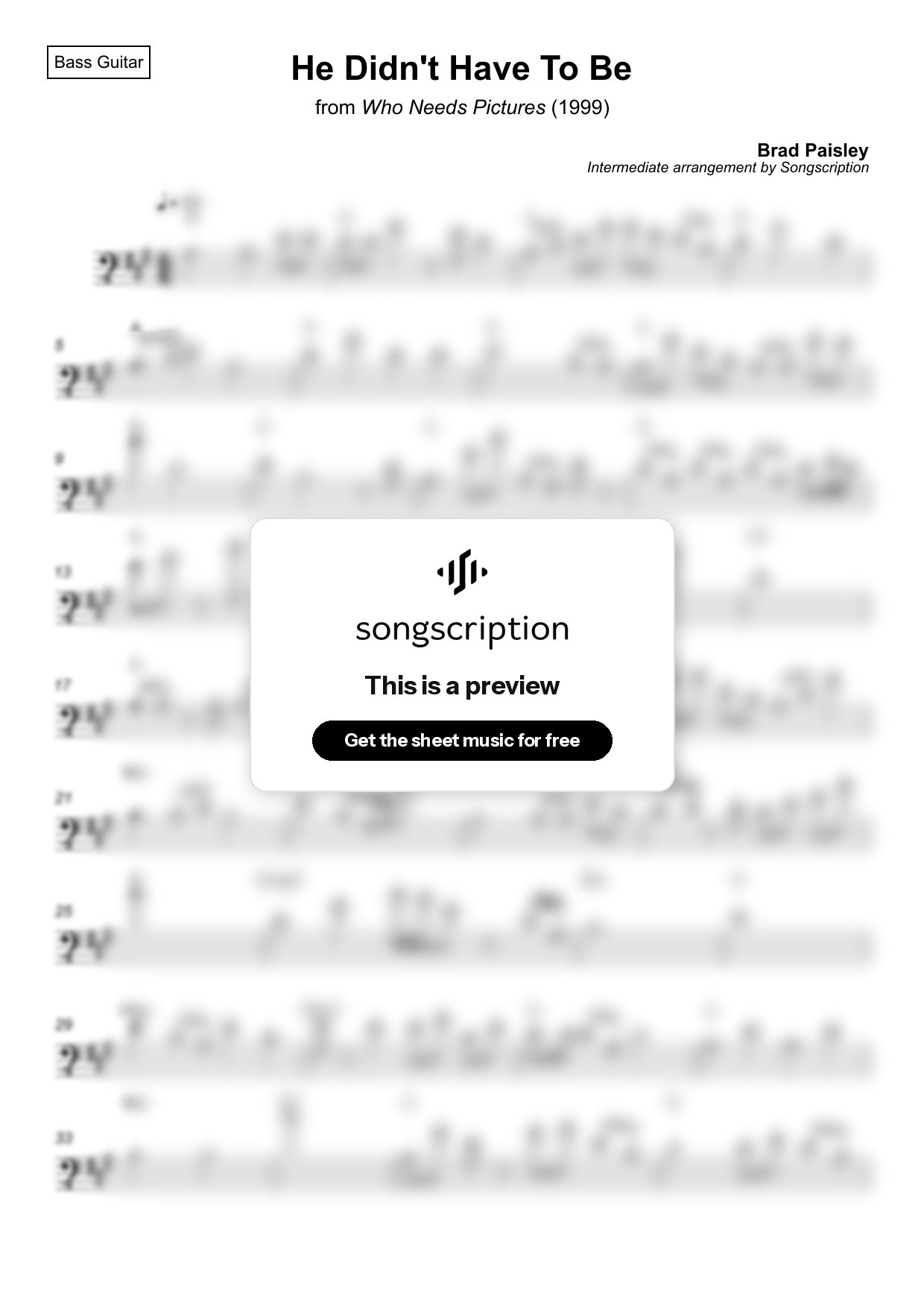 Intermediate Bass Guitar Sheet Music for "He Didn't Have To Be" by Brad Paisley