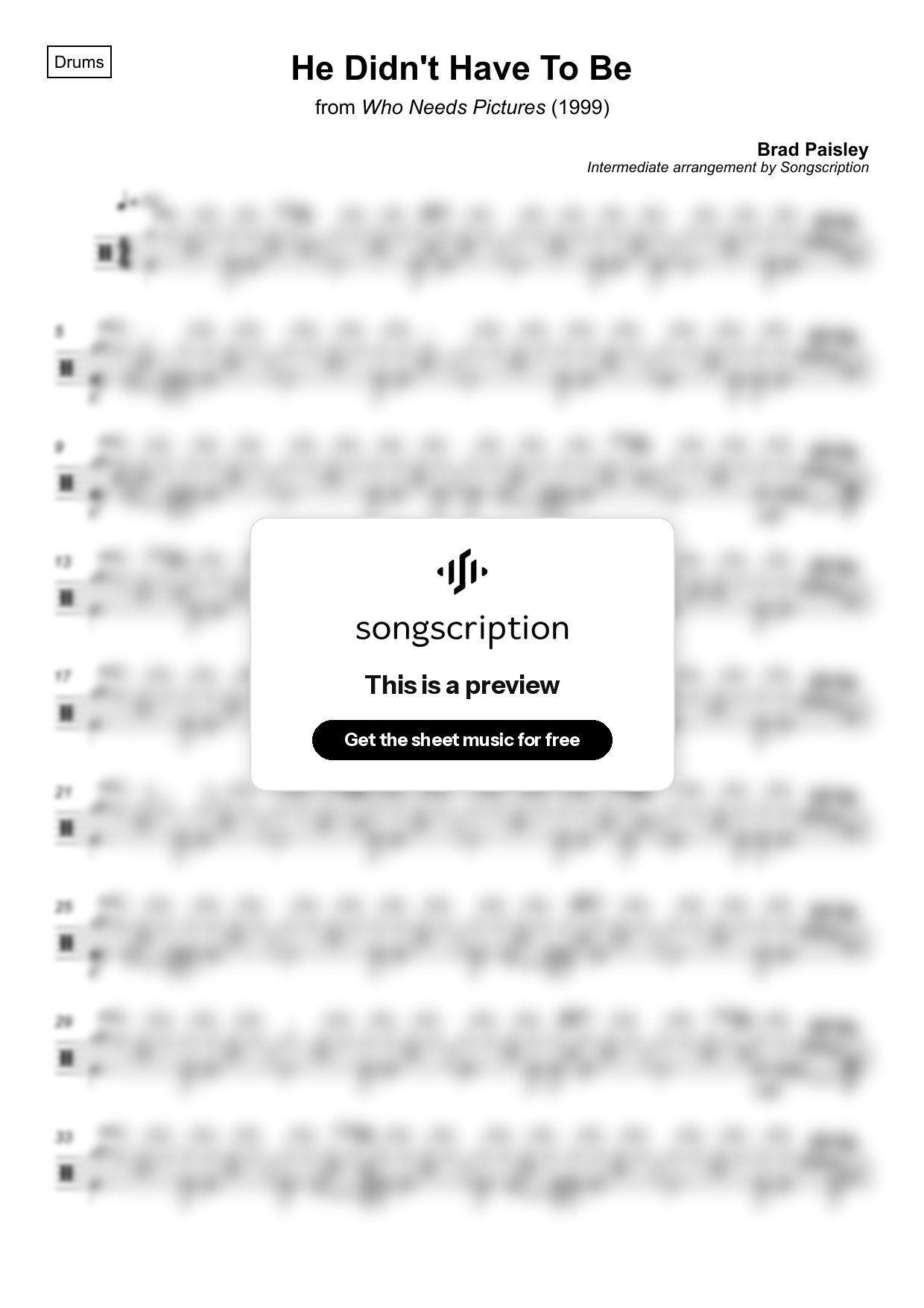 Intermediate Drums Sheet Music for "He Didn't Have To Be" by Brad Paisley