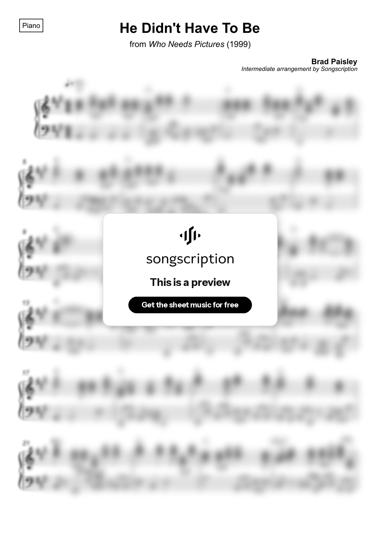 Intermediate Piano Sheet Music for "He Didn't Have To Be" by Brad Paisley