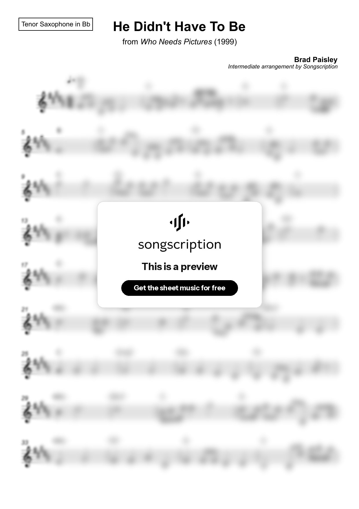 Intermediate Tenor Sax Sheet Music for "He Didn't Have To Be" by Brad Paisley