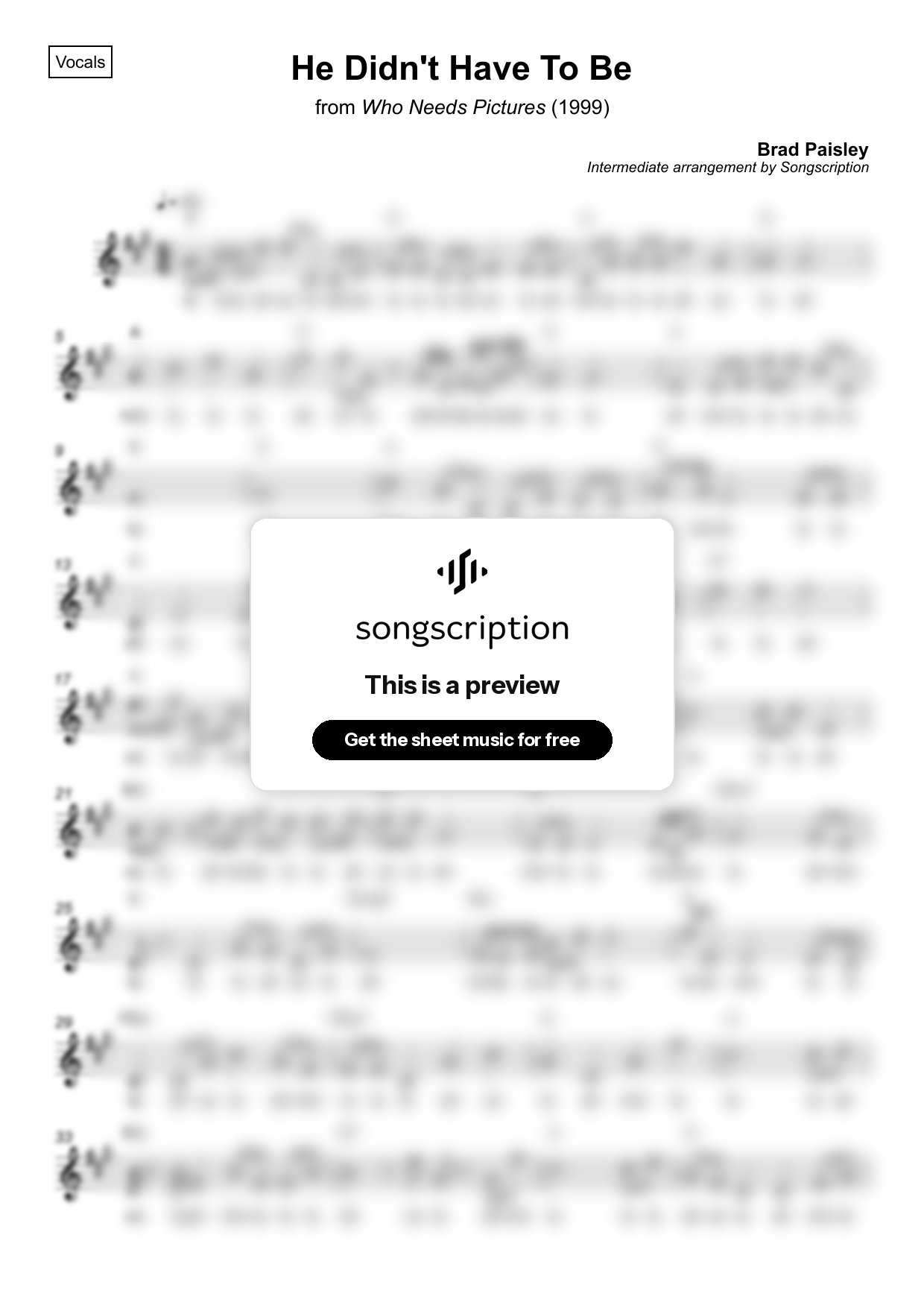 Intermediate Vocals Sheet Music for "He Didn't Have To Be" by Brad Paisley