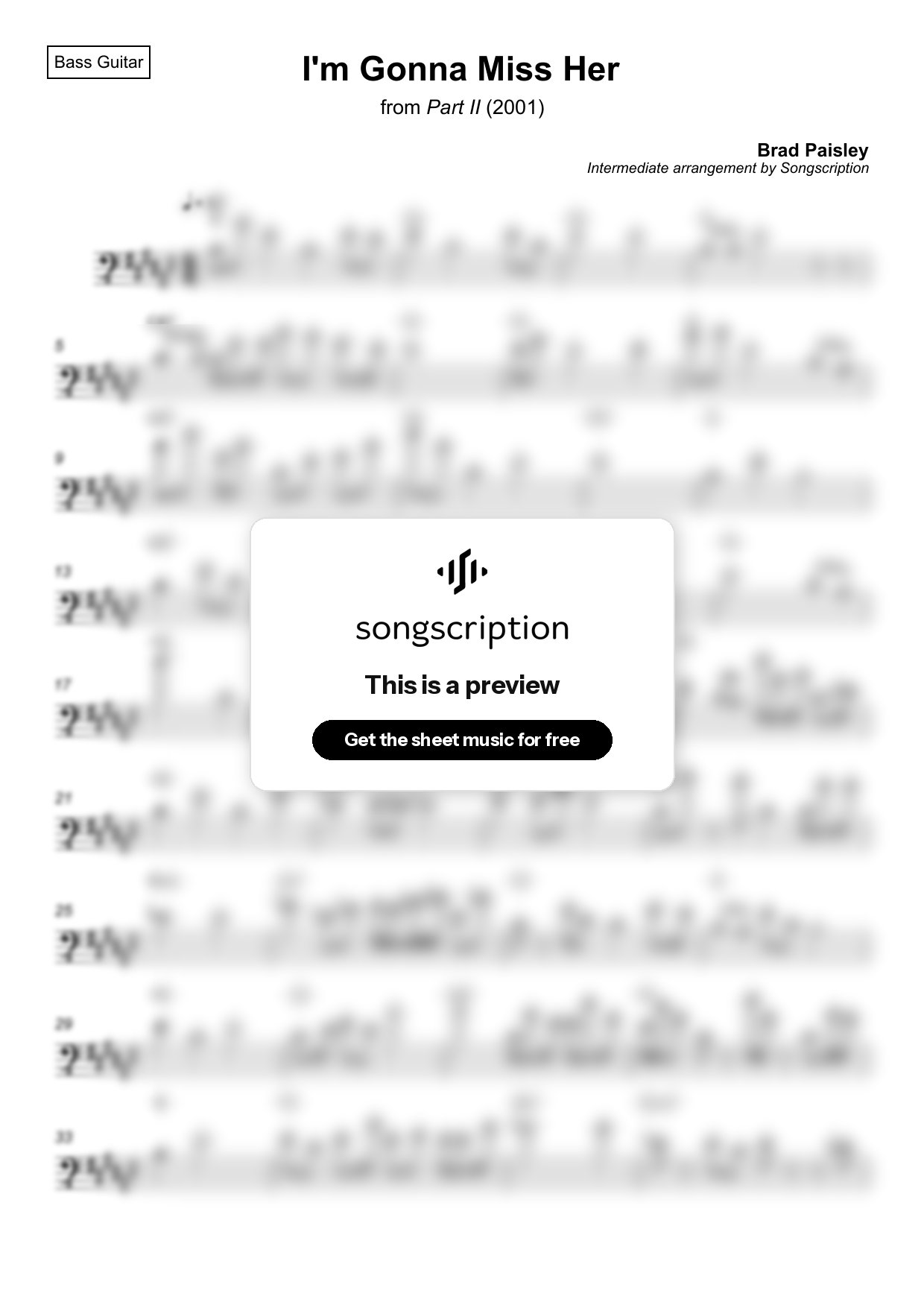 Intermediate Bass Guitar Sheet Music for "I'm Gonna Miss Her" by Brad Paisley