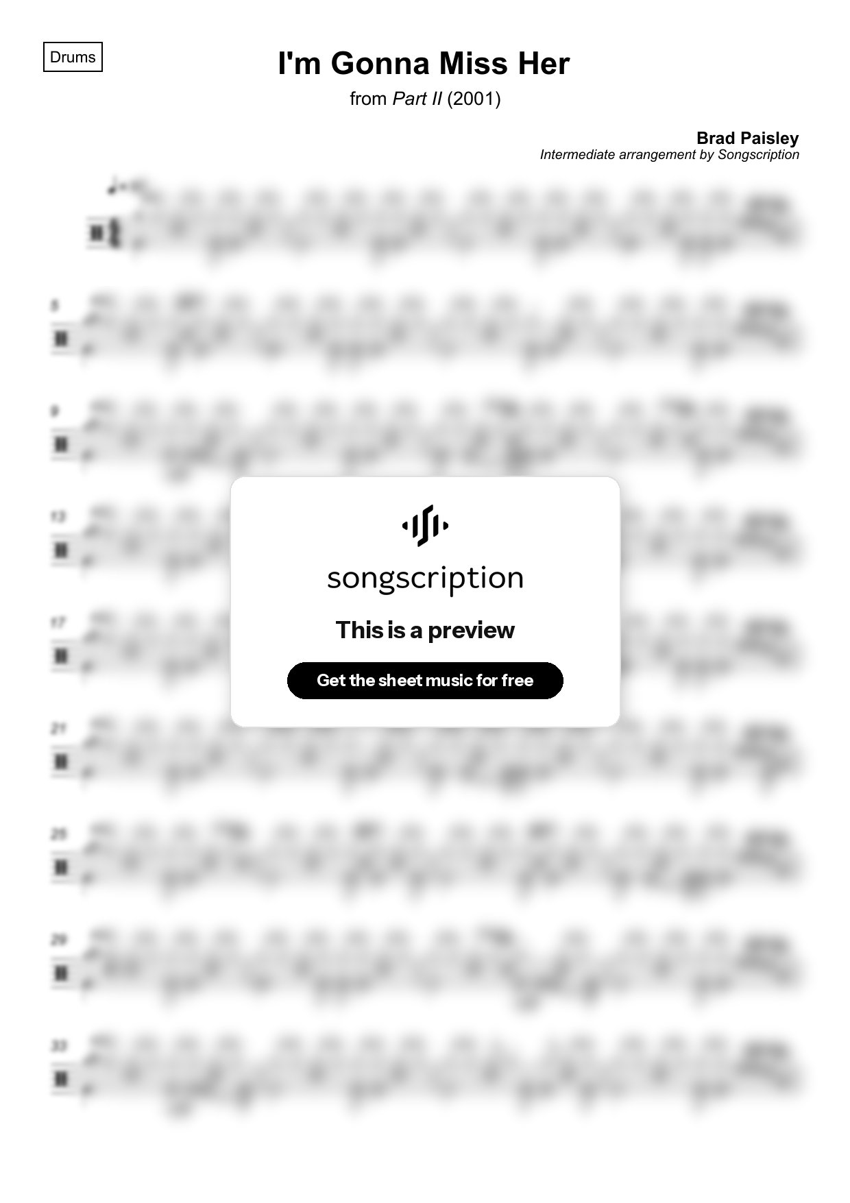 Intermediate Drums Sheet Music for "I'm Gonna Miss Her" by Brad Paisley