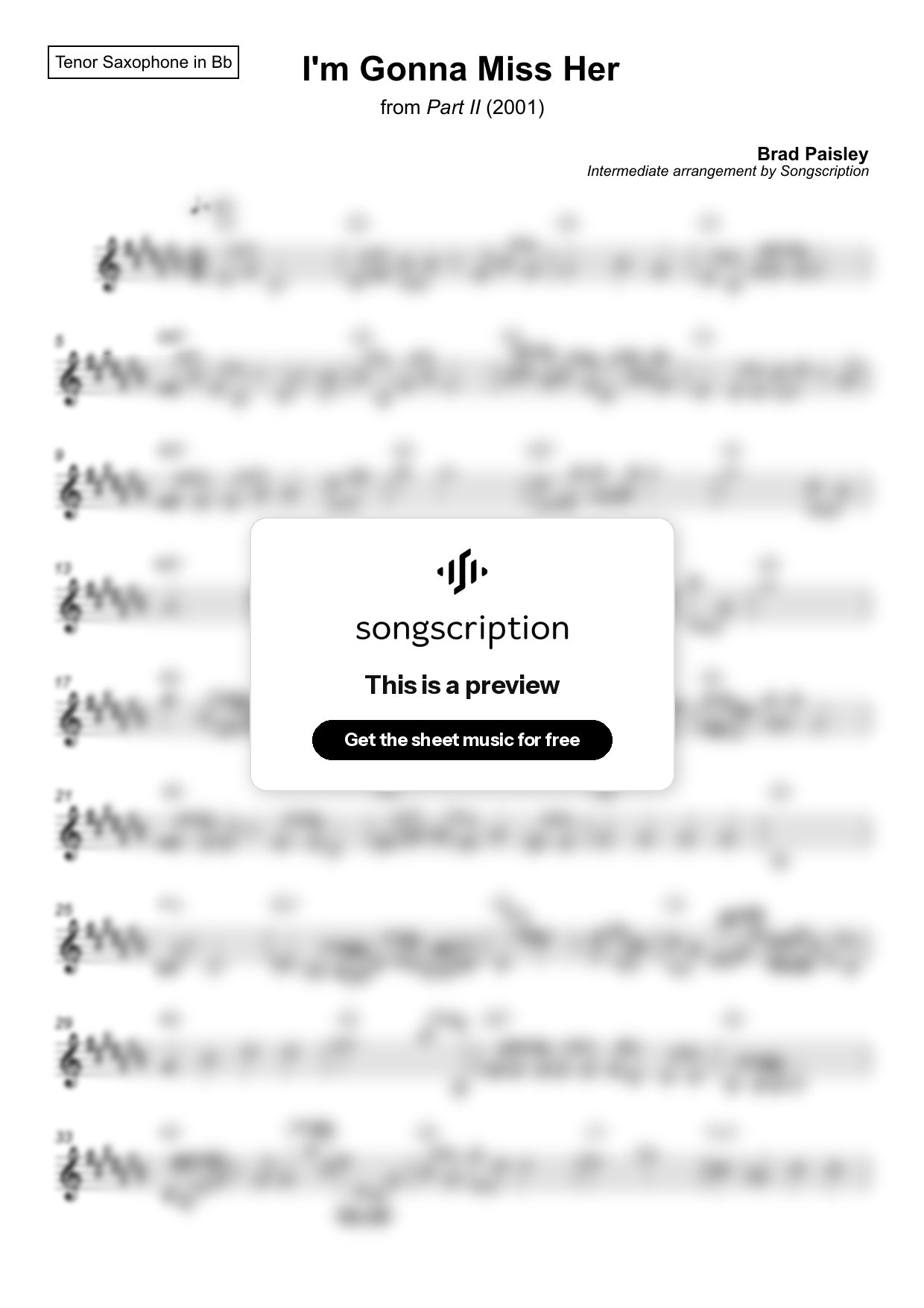 Intermediate Tenor Sax Sheet Music for "I'm Gonna Miss Her" by Brad Paisley