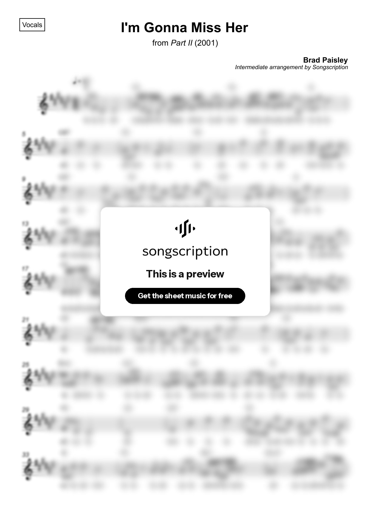 Intermediate Vocals Sheet Music for "I'm Gonna Miss Her" by Brad Paisley