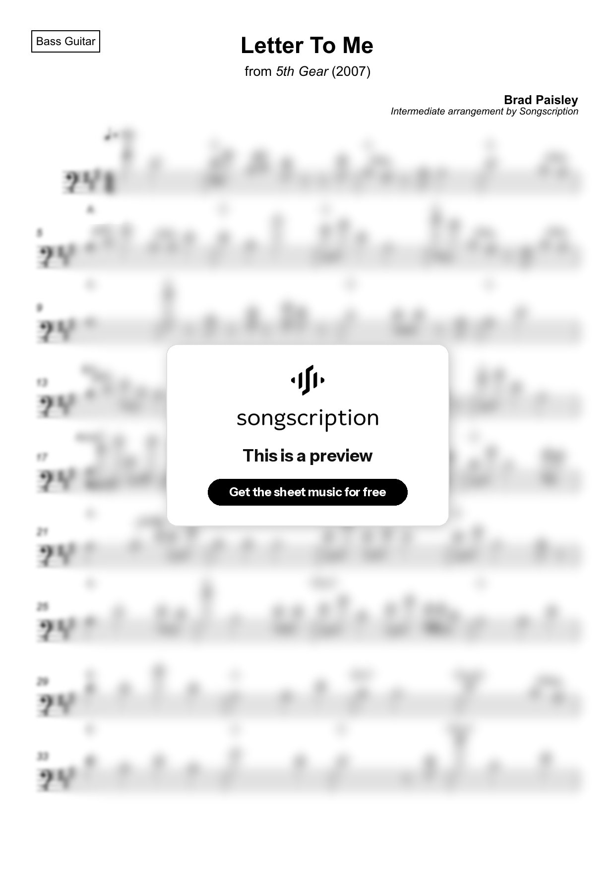 Intermediate Bass Guitar Sheet Music for "Letter To Me" by Brad Paisley