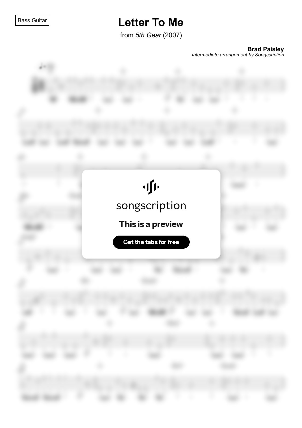Intermediate Bass Guitar Tabs for "Letter To Me" by Brad Paisley