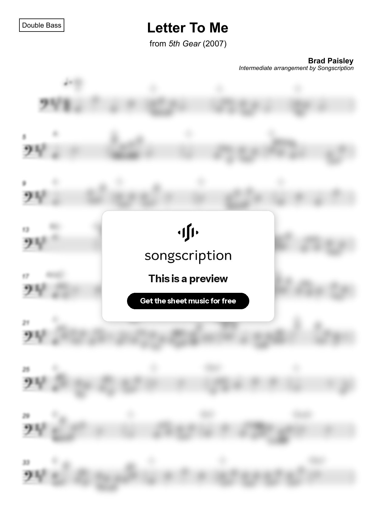 Intermediate Double Bass Sheet Music for "Letter To Me" by Brad Paisley