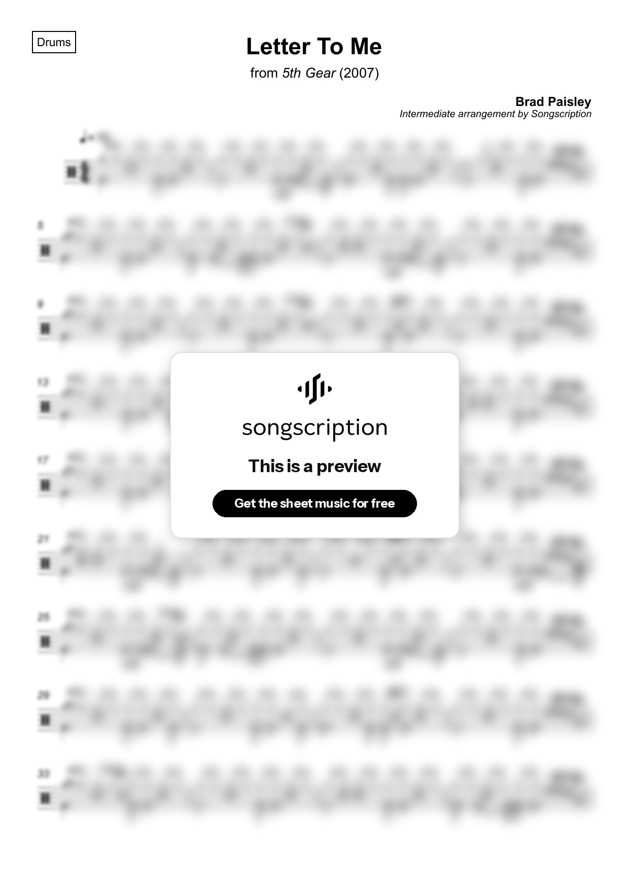 Intermediate Drums Sheet Music for "Letter To Me" by Brad Paisley