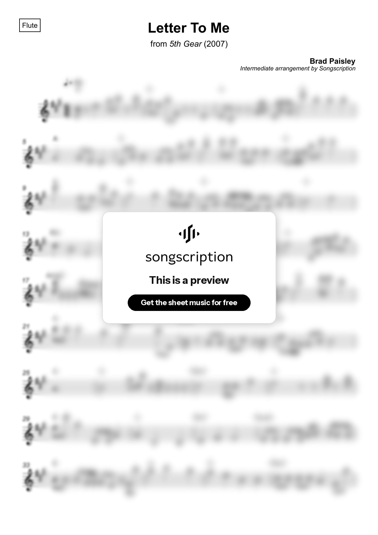 Intermediate Flute Sheet Music for "Letter To Me" by Brad Paisley