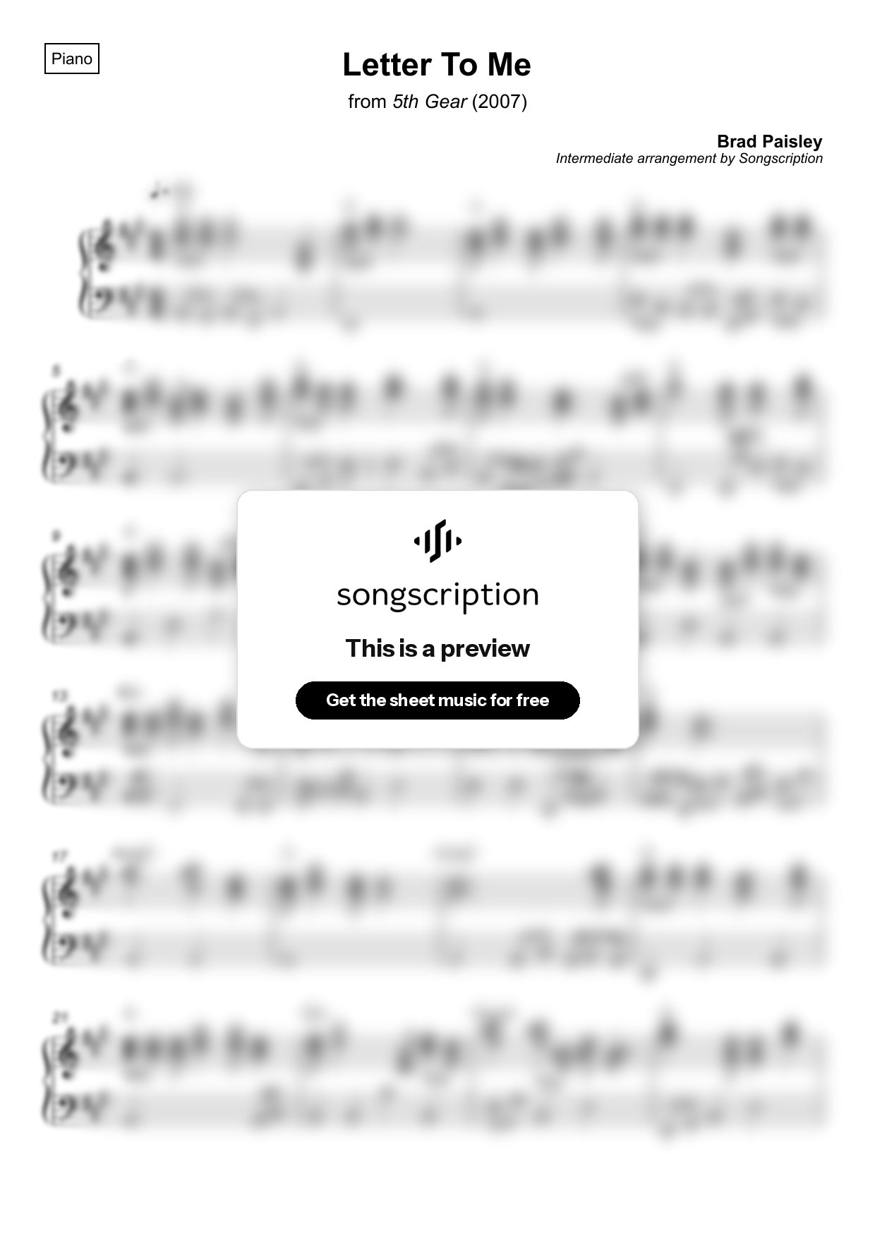 Intermediate Piano Sheet Music for "Letter To Me" by Brad Paisley