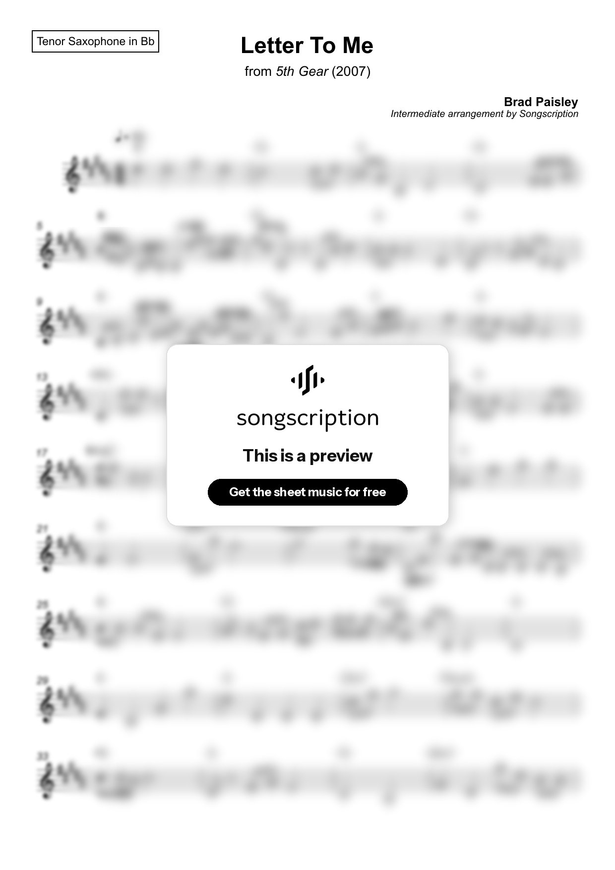 Intermediate Tenor Sax Sheet Music for "Letter To Me" by Brad Paisley