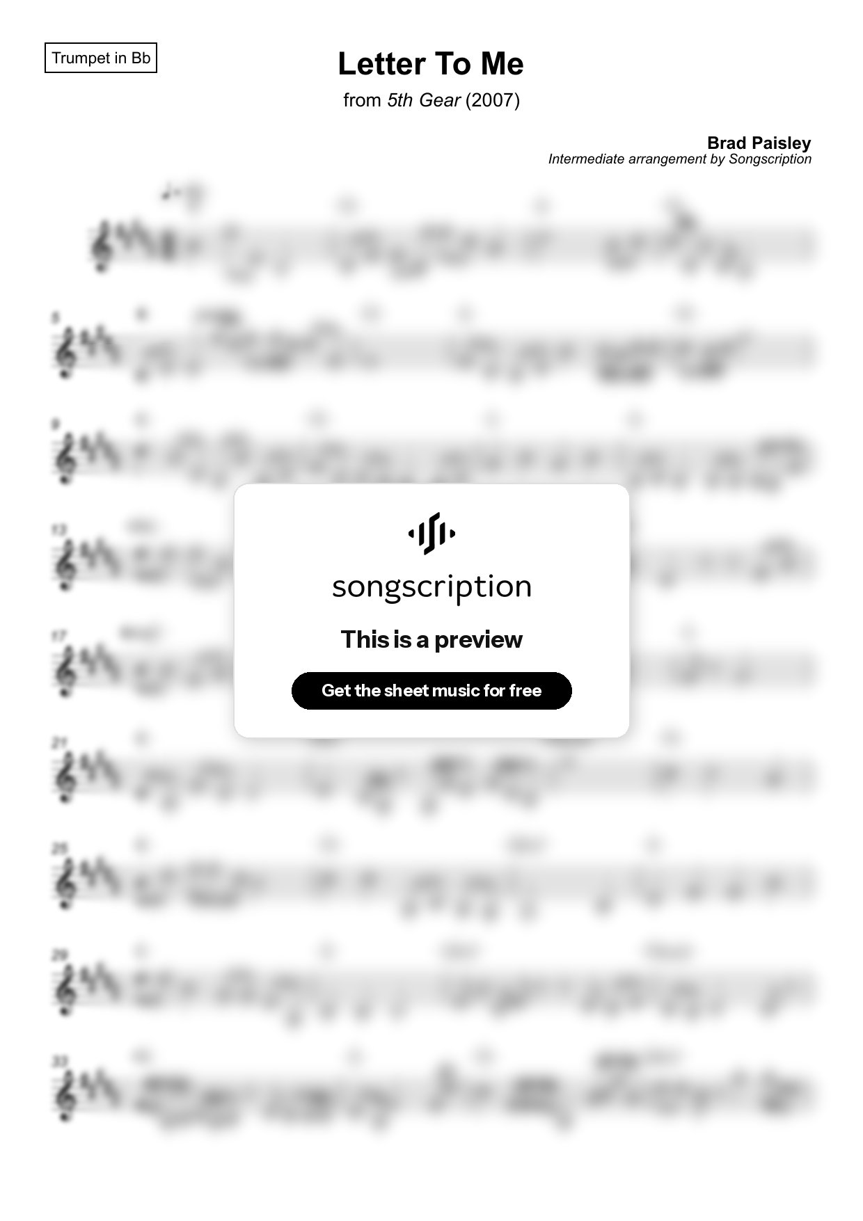 Intermediate Trumpet Sheet Music for "Letter To Me" by Brad Paisley