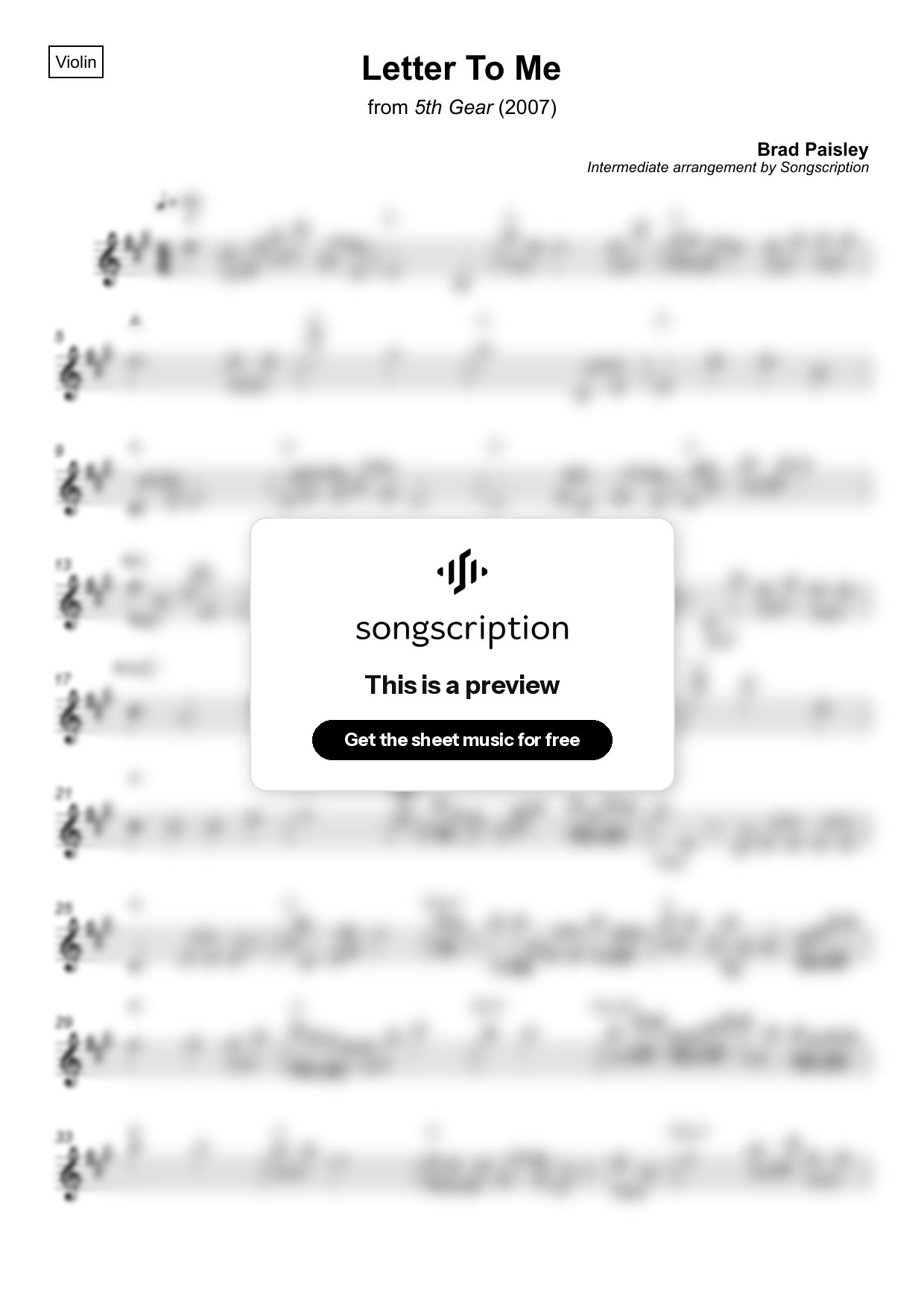 Intermediate Violin Sheet Music for "Letter To Me" by Brad Paisley