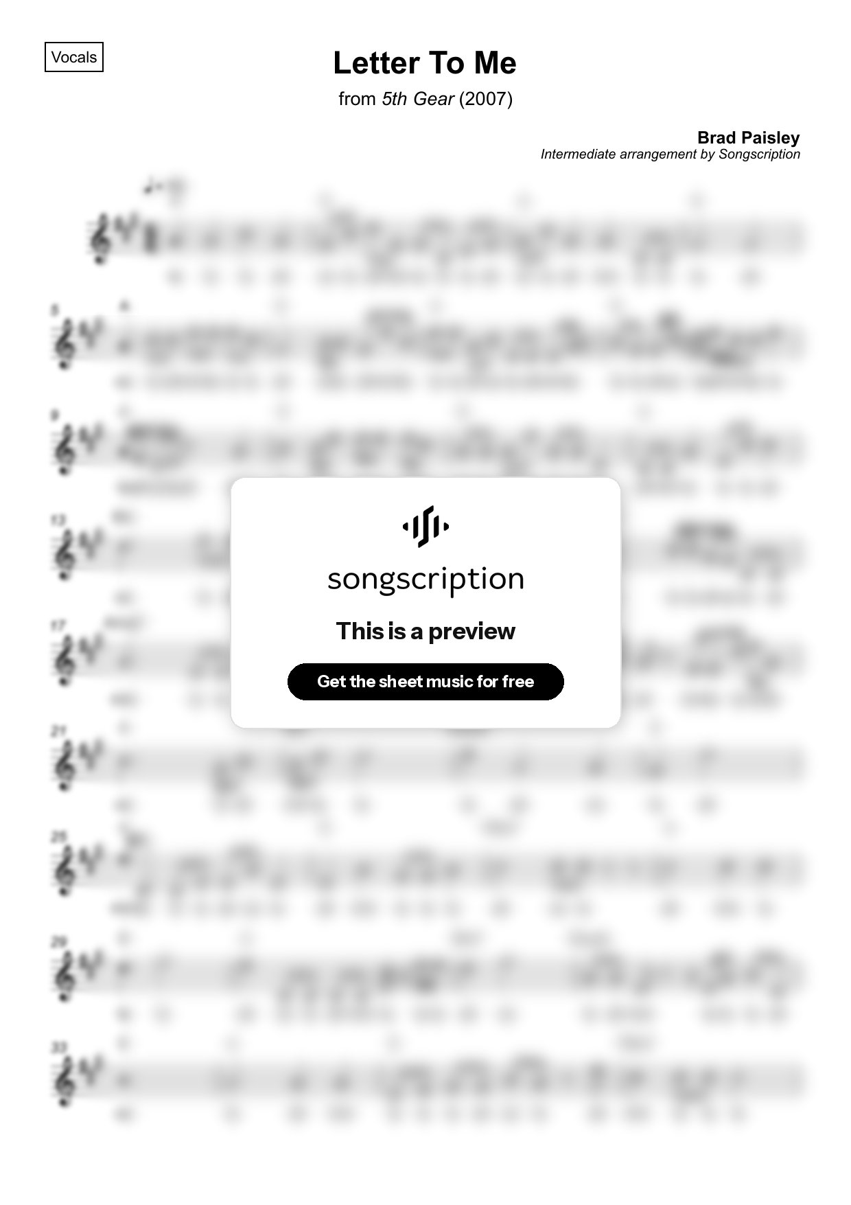 Intermediate Vocals Sheet Music for "Letter To Me" by Brad Paisley