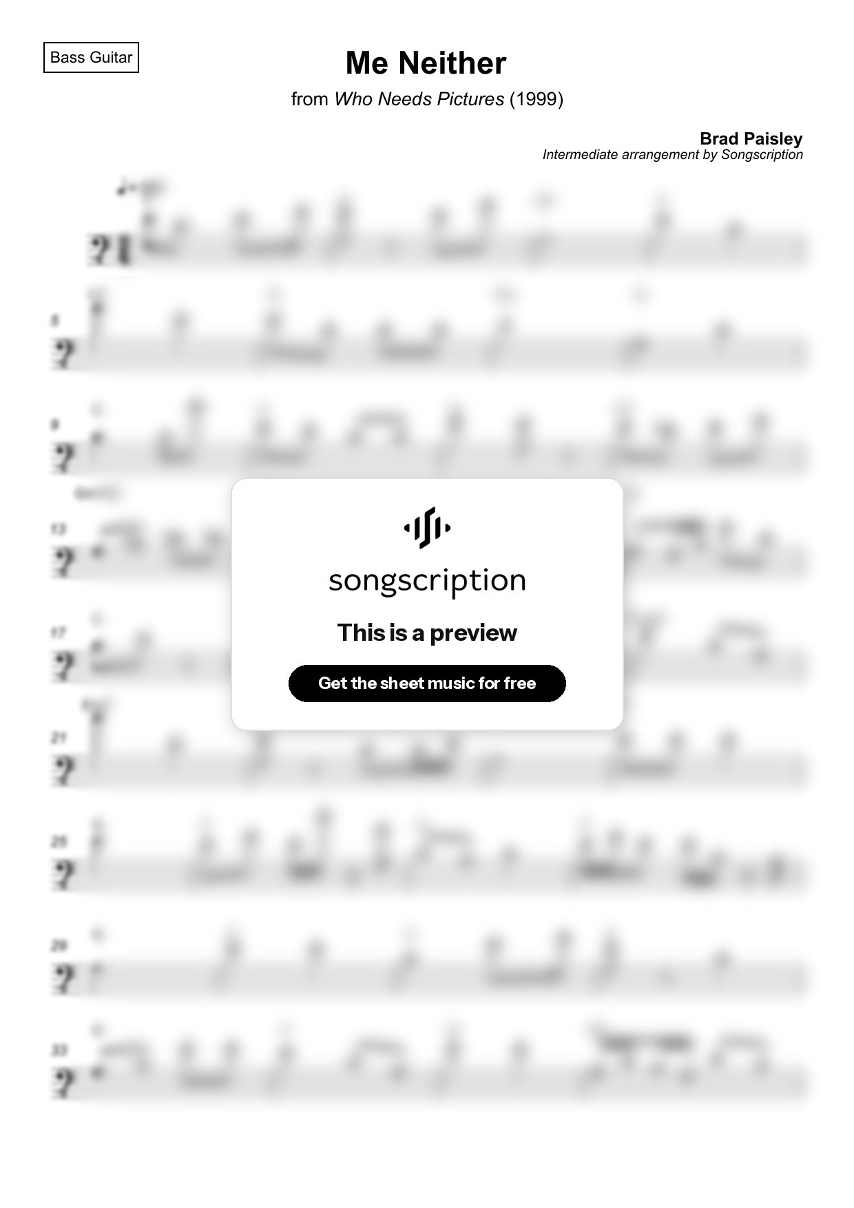Intermediate Bass Guitar Sheet Music for "Me Neither" by Brad Paisley