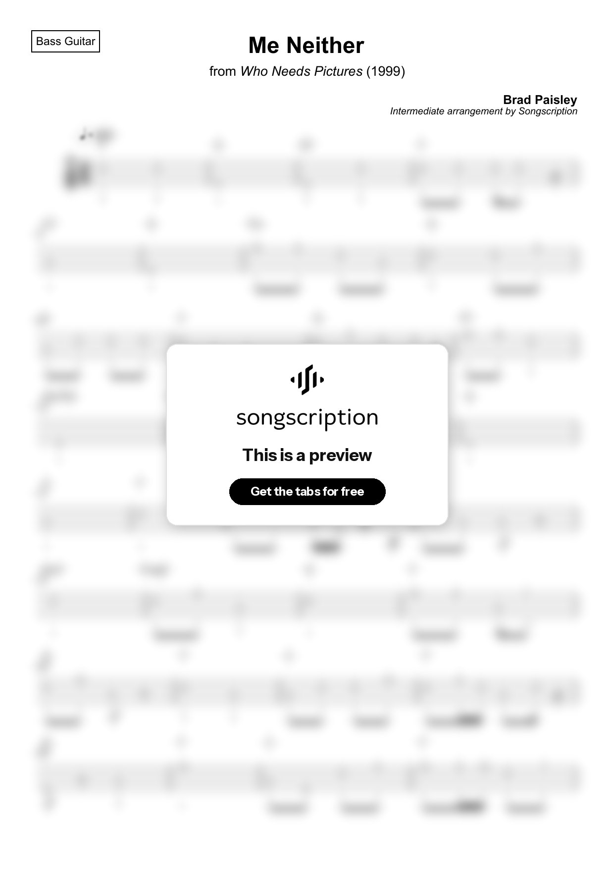 Intermediate Bass Guitar Tabs for "Me Neither" by Brad Paisley