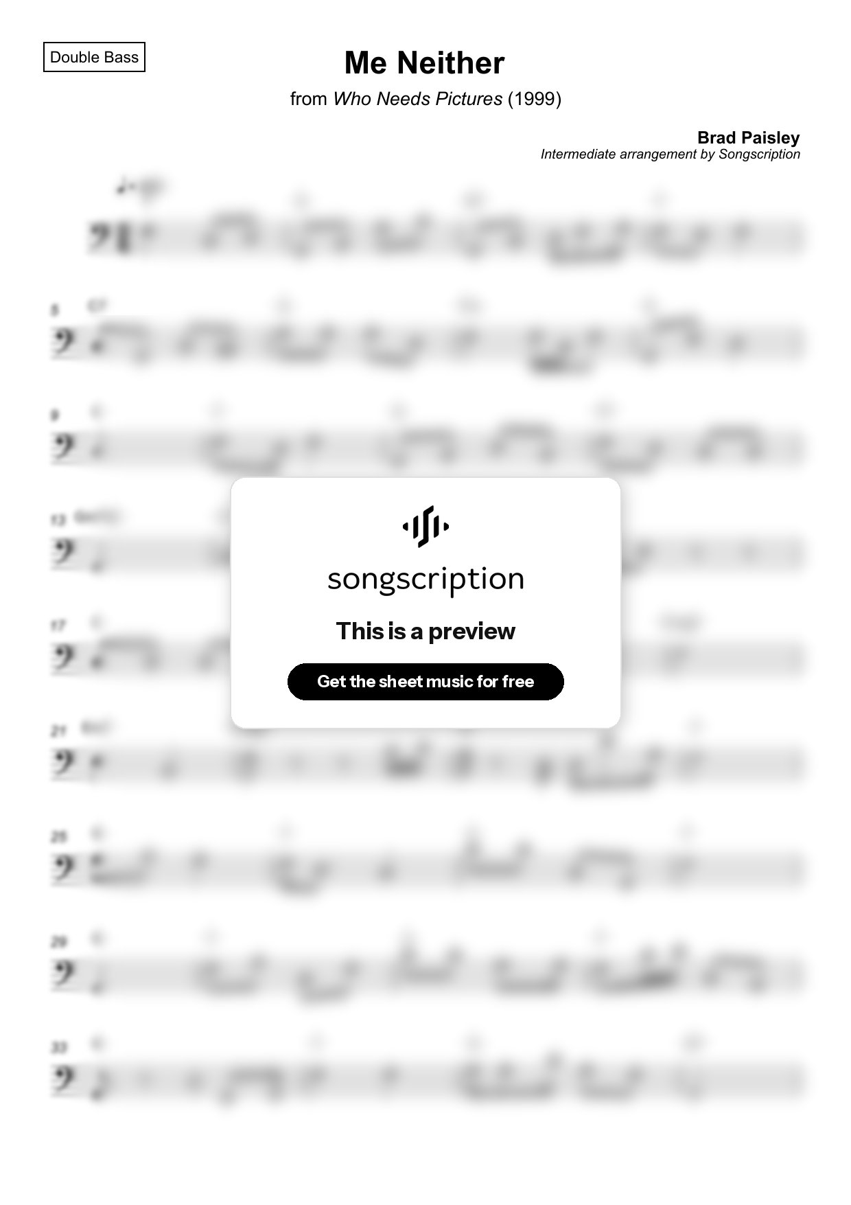 Intermediate Double Bass Sheet Music for "Me Neither" by Brad Paisley