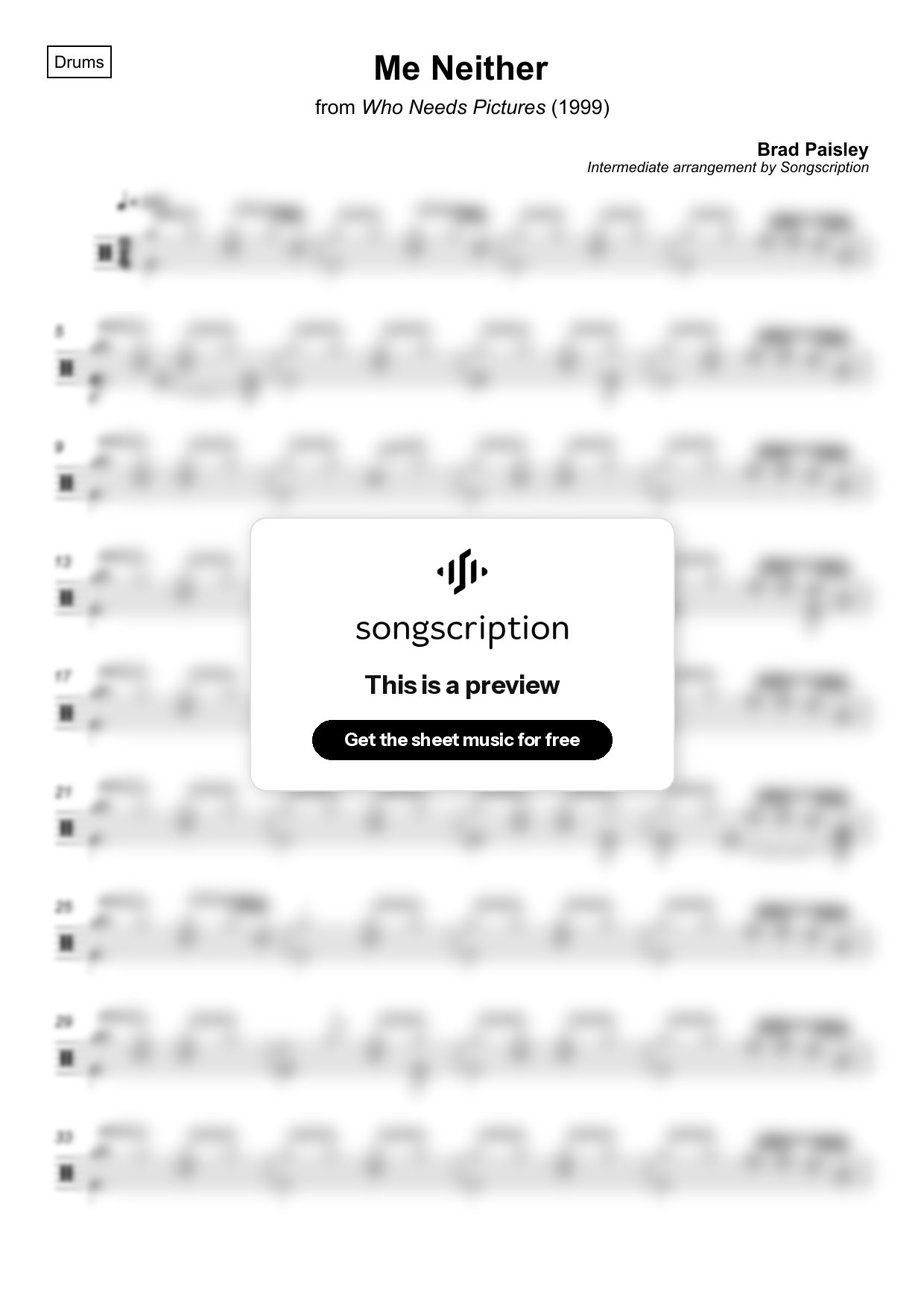 Intermediate Drums Sheet Music for "Me Neither" by Brad Paisley