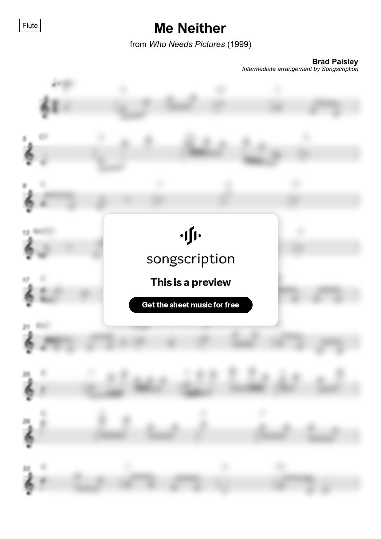 Intermediate Flute Sheet Music for "Me Neither" by Brad Paisley