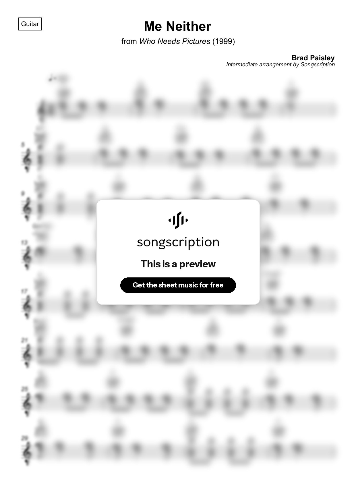 Intermediate Acoustic Guitar Sheet Music for "Me Neither" by Brad Paisley