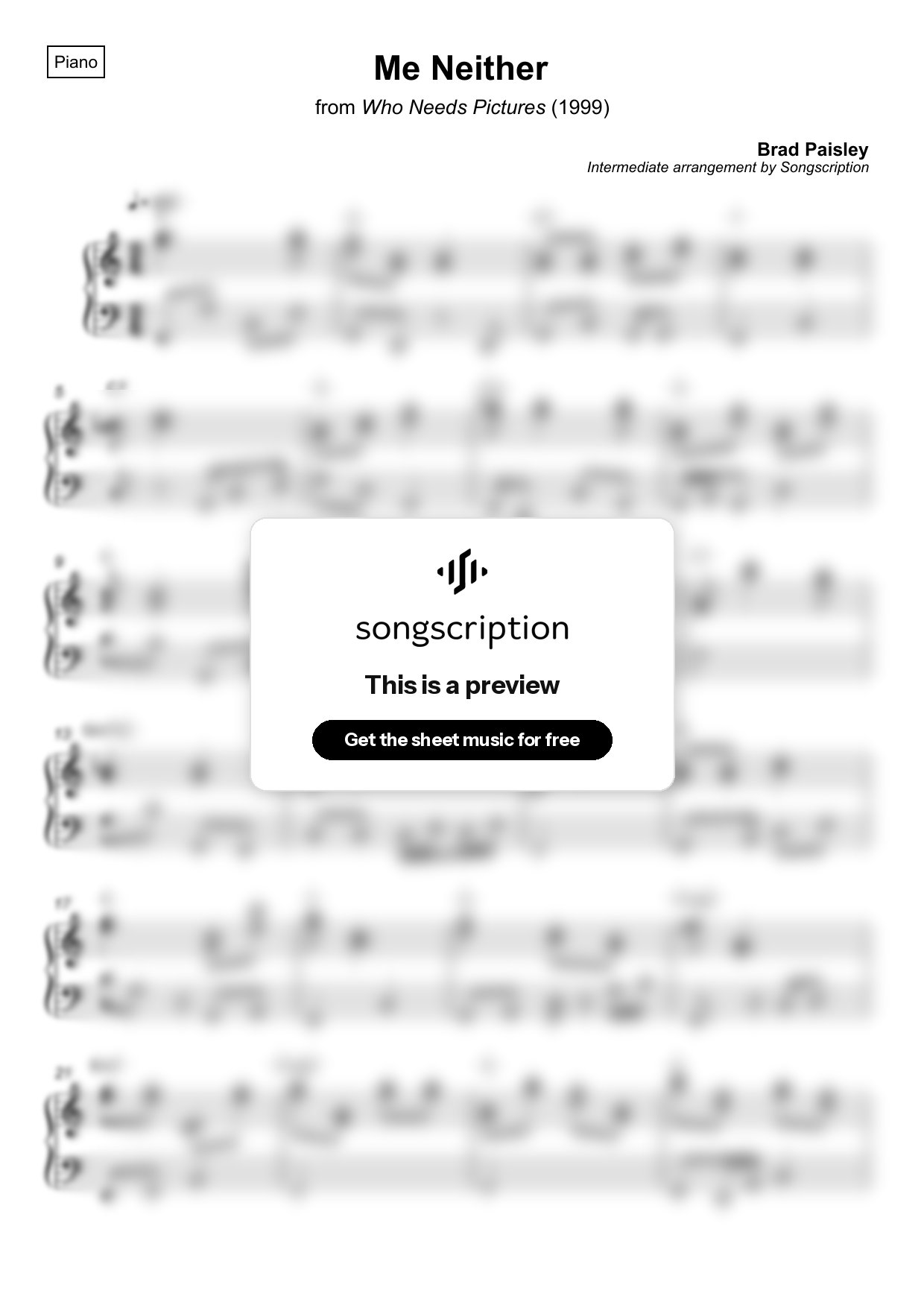 Intermediate Piano Sheet Music for "Me Neither" by Brad Paisley