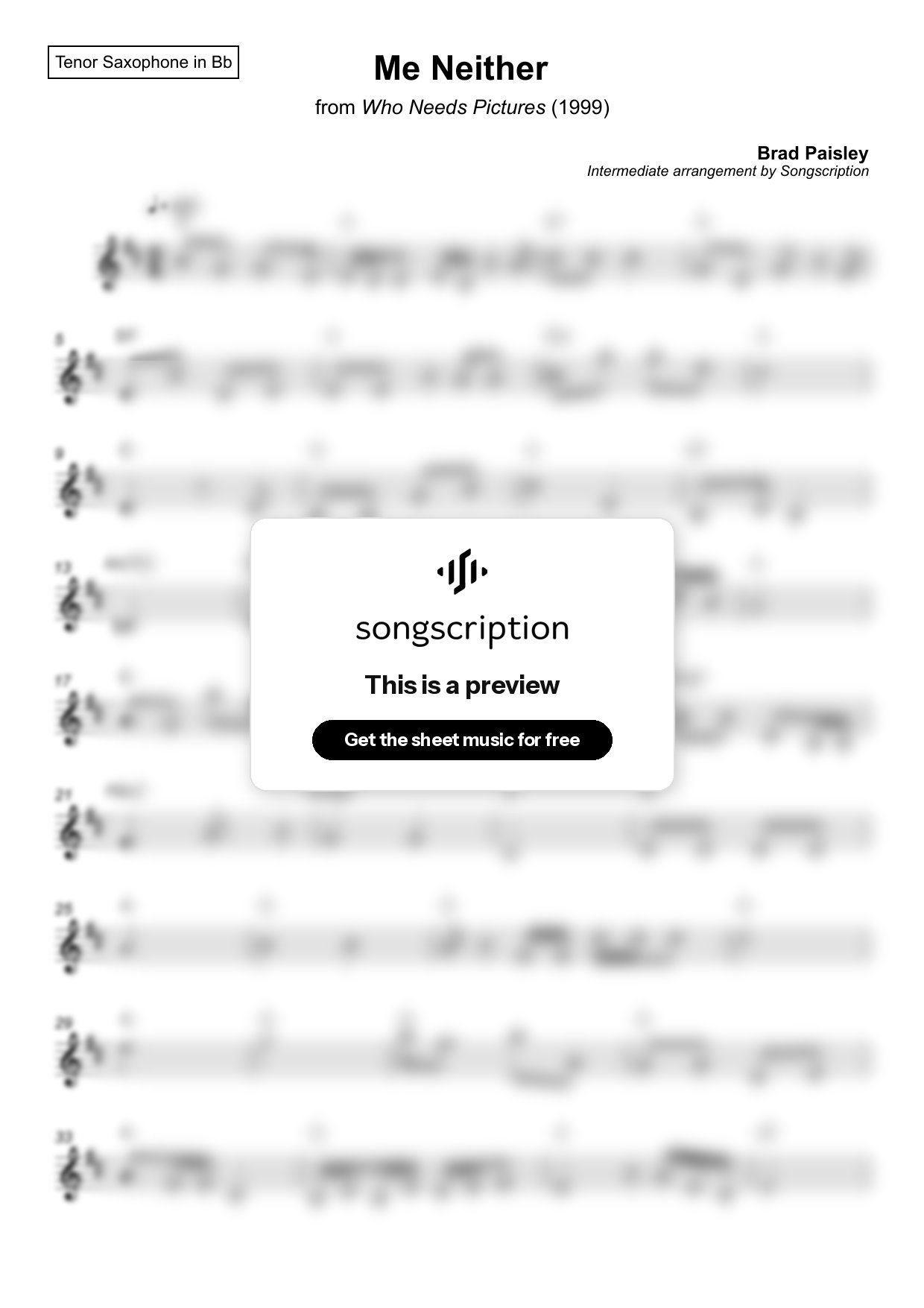 Intermediate Tenor Sax Sheet Music for "Me Neither" by Brad Paisley