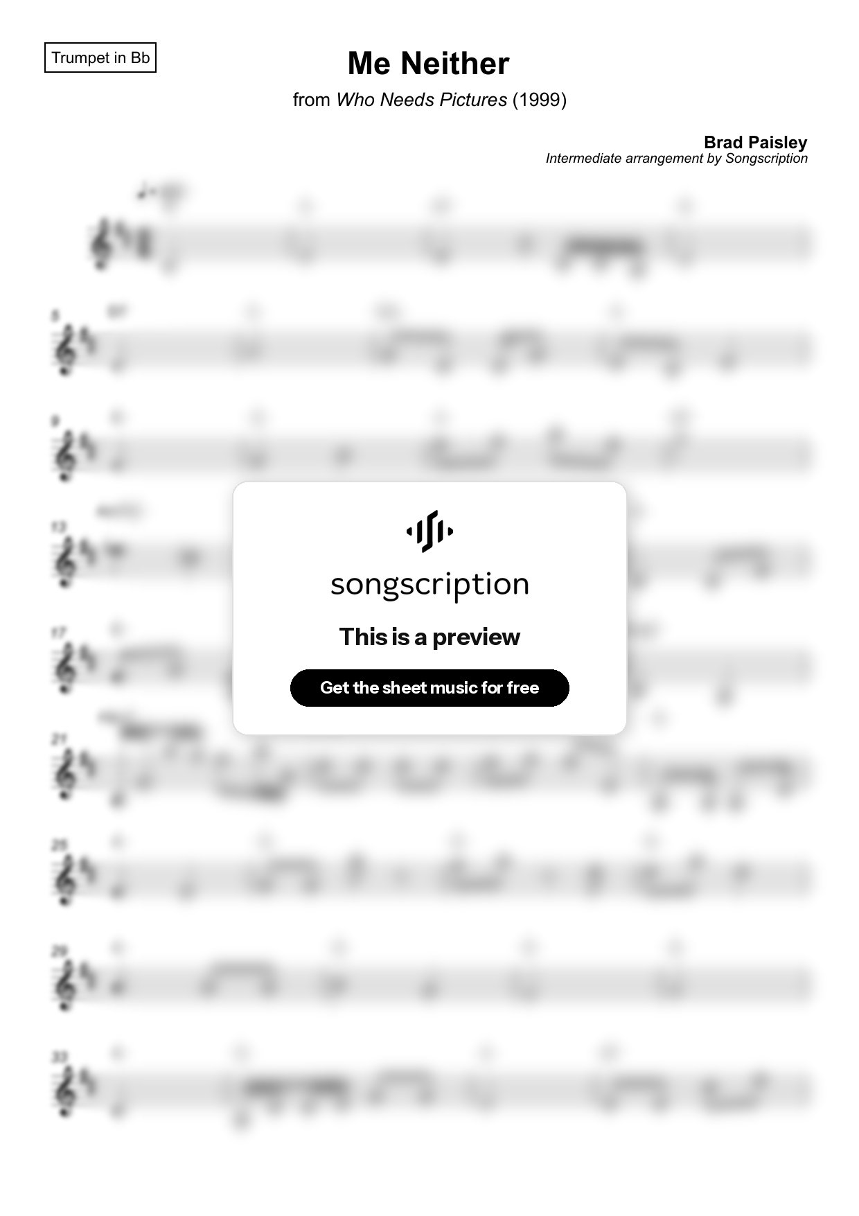 Intermediate Trumpet Sheet Music for "Me Neither" by Brad Paisley
