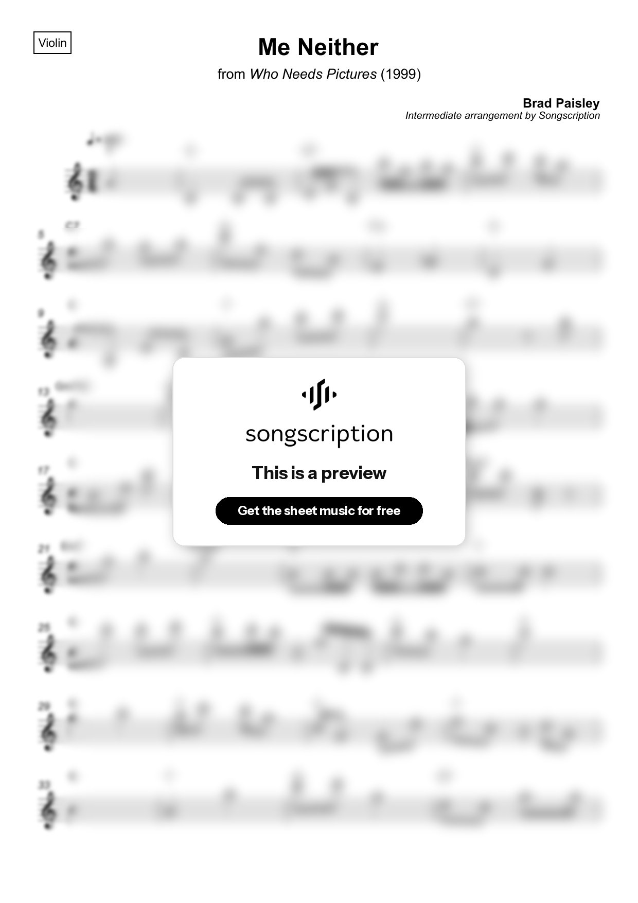 Intermediate Violin Sheet Music for "Me Neither" by Brad Paisley