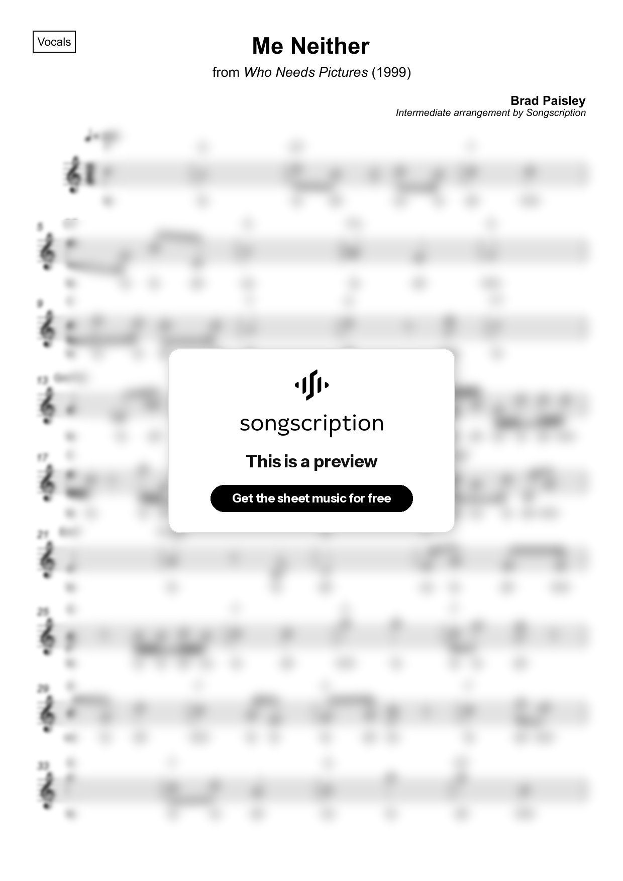 Intermediate Vocals Sheet Music for "Me Neither" by Brad Paisley