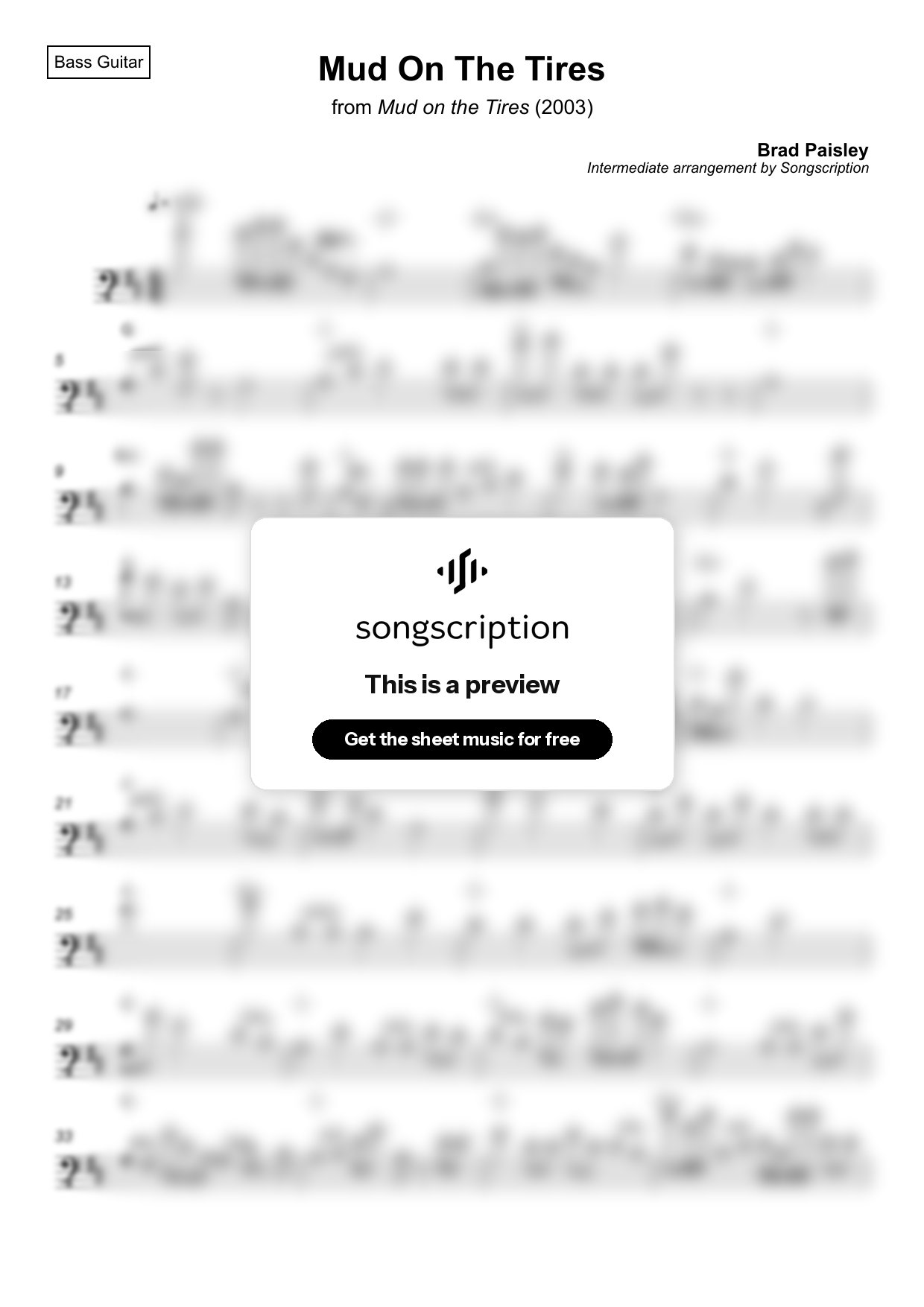 Intermediate Bass Guitar Sheet Music for "Mud On The Tires" by Brad Paisley