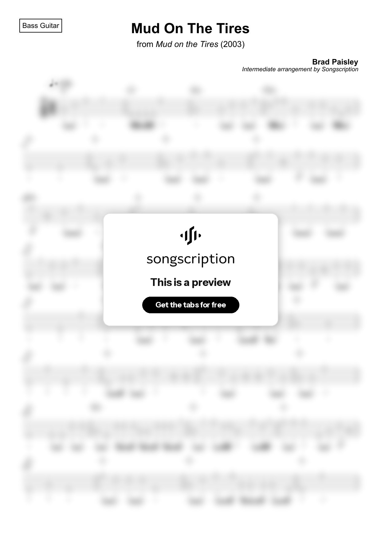 Intermediate Bass Guitar Tabs for "Mud On The Tires" by Brad Paisley