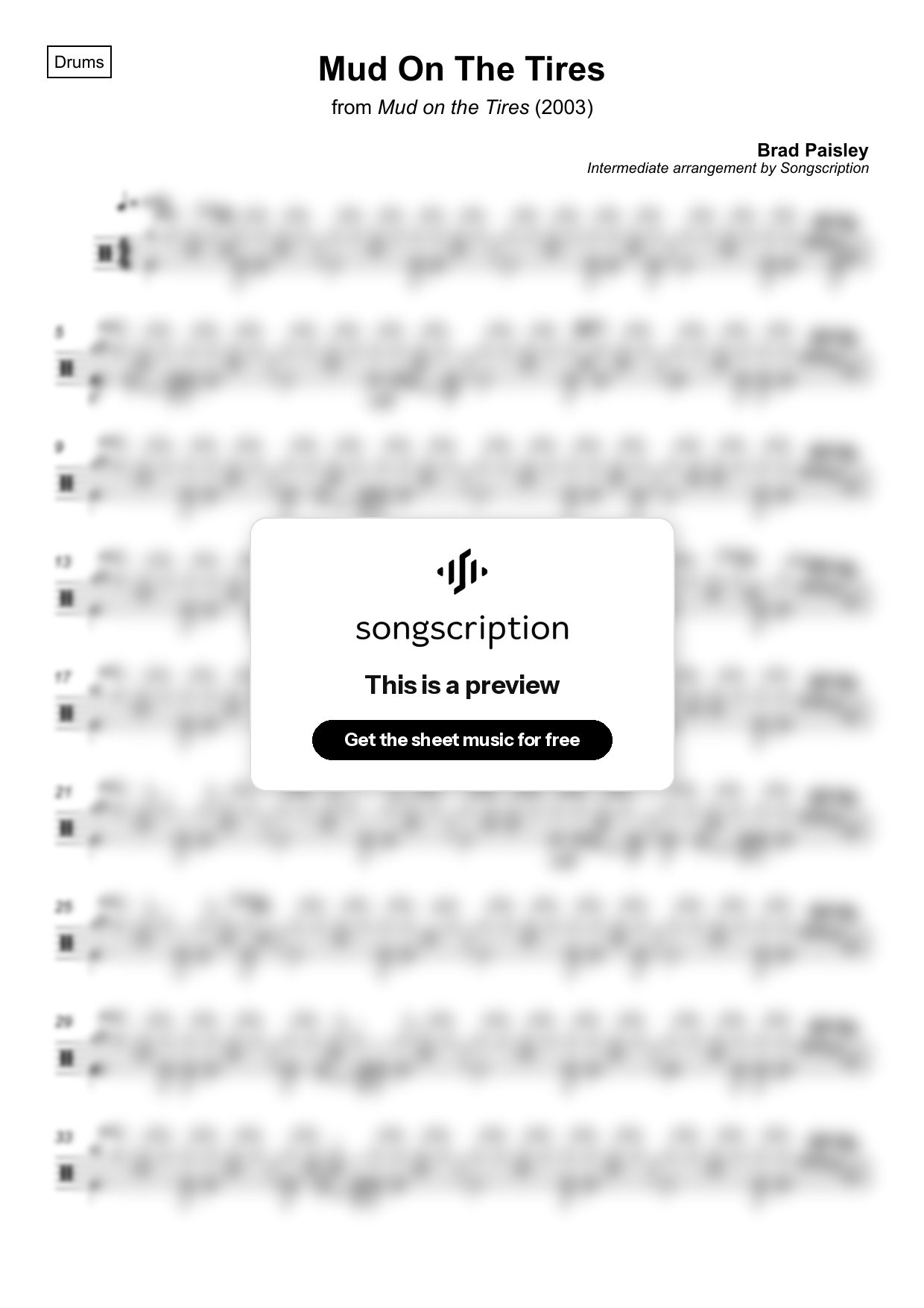Intermediate Drums Sheet Music for "Mud On The Tires" by Brad Paisley