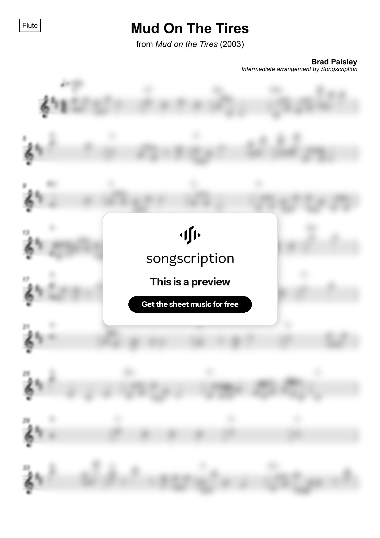 Intermediate Flute Sheet Music for "Mud On The Tires" by Brad Paisley