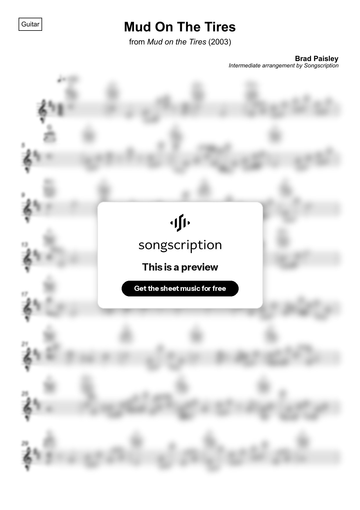 Intermediate Acoustic Guitar Sheet Music for "Mud On The Tires" by Brad Paisley