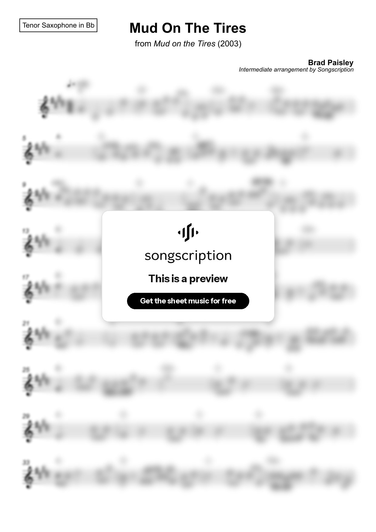 Intermediate Tenor Sax Sheet Music for "Mud On The Tires" by Brad Paisley