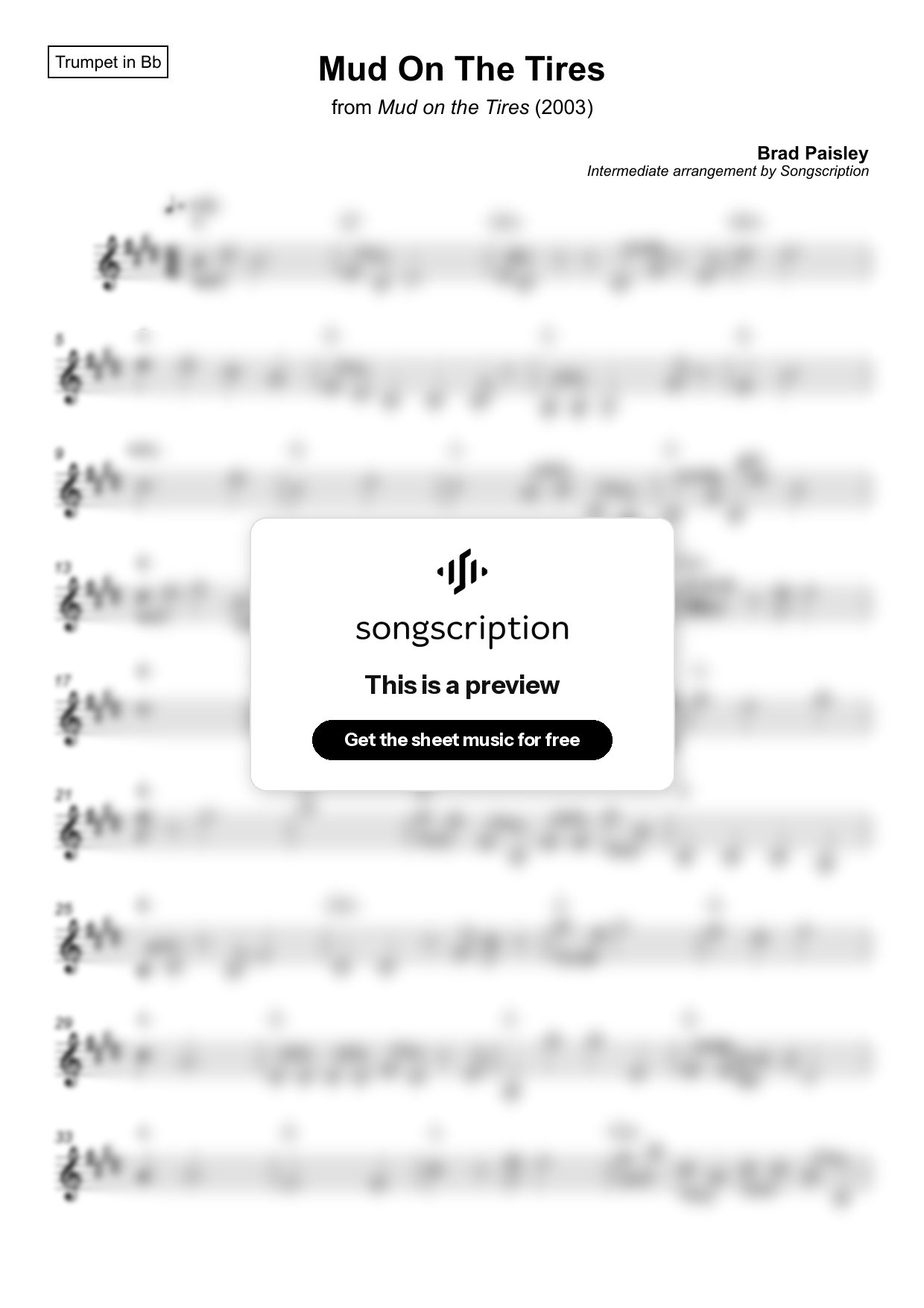 Intermediate Trumpet Sheet Music for "Mud On The Tires" by Brad Paisley